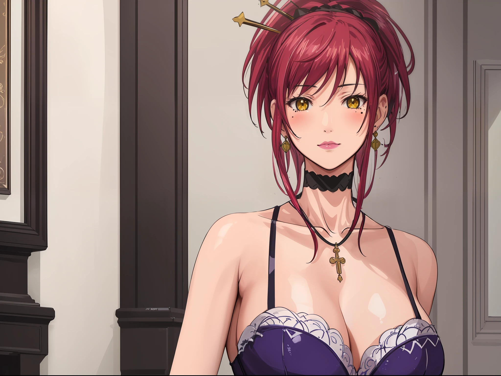 (Masterpiece, Best Quality, High Quality:1.4), professional artwork, Intricate Details, field of view, sharp focus, detailed painting, photorealistic lighting, trending on pixiv, (vivid lighting, vibrant colors:1.05), realistic shadows, ambient occlusion,
Marie Mamiya, mature female, milf, solo, (curvy:1.1), luxury room, (half body shot:1.1),
(red hair:1.05), hair ornament, lipstick, makeup, (mole under eye:0.9), choker, ultra detail hair, ultra detail face, (yellow glowing eyes:1.05), perfect eyes, perfect face, perfect retina, earrings, (seductive look, blush:1.15),
(main dress:1.4), choker, bare shoulders, necklace, fingernails,
(Large Breasts:1.15), Cleavage,