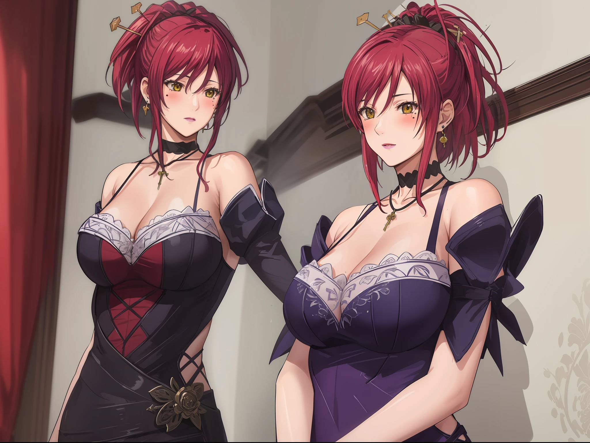 (Masterpiece, Best Quality, High Quality:1.4), professional artwork, Intricate Details, field of view, sharp focus, detailed painting, photorealistic lighting, trending on pixiv, (vivid lighting, vibrant colors:1.05), realistic shadows, ambient occlusion,
Marie Mamiya, mature female, milf, solo, (curvy:1.1), luxury room, (half body shot:1.1),
(red hair:1.05), hair ornament, lipstick, makeup, (mole under eye:0.9), choker, ultra detail hair, ultra detail face, (yellow glowing eyes:1.05), perfect eyes, perfect face, perfect retina, earrings, (seductive look, blush:1.15),
(main dress:1.4), choker, bare shoulders, necklace, fingernails,
(Large Breasts:1.15), Cleavage,