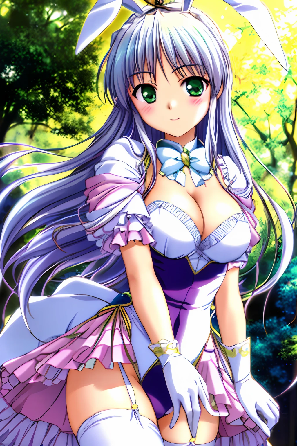 masutepiece, Best Quality ,Fina's anime drawings, diadems, Green eyes, Light purple hair, Long hair, White bunny suit, White Gloves, ligne claire, cleavage,thighs thighs thighs thighs