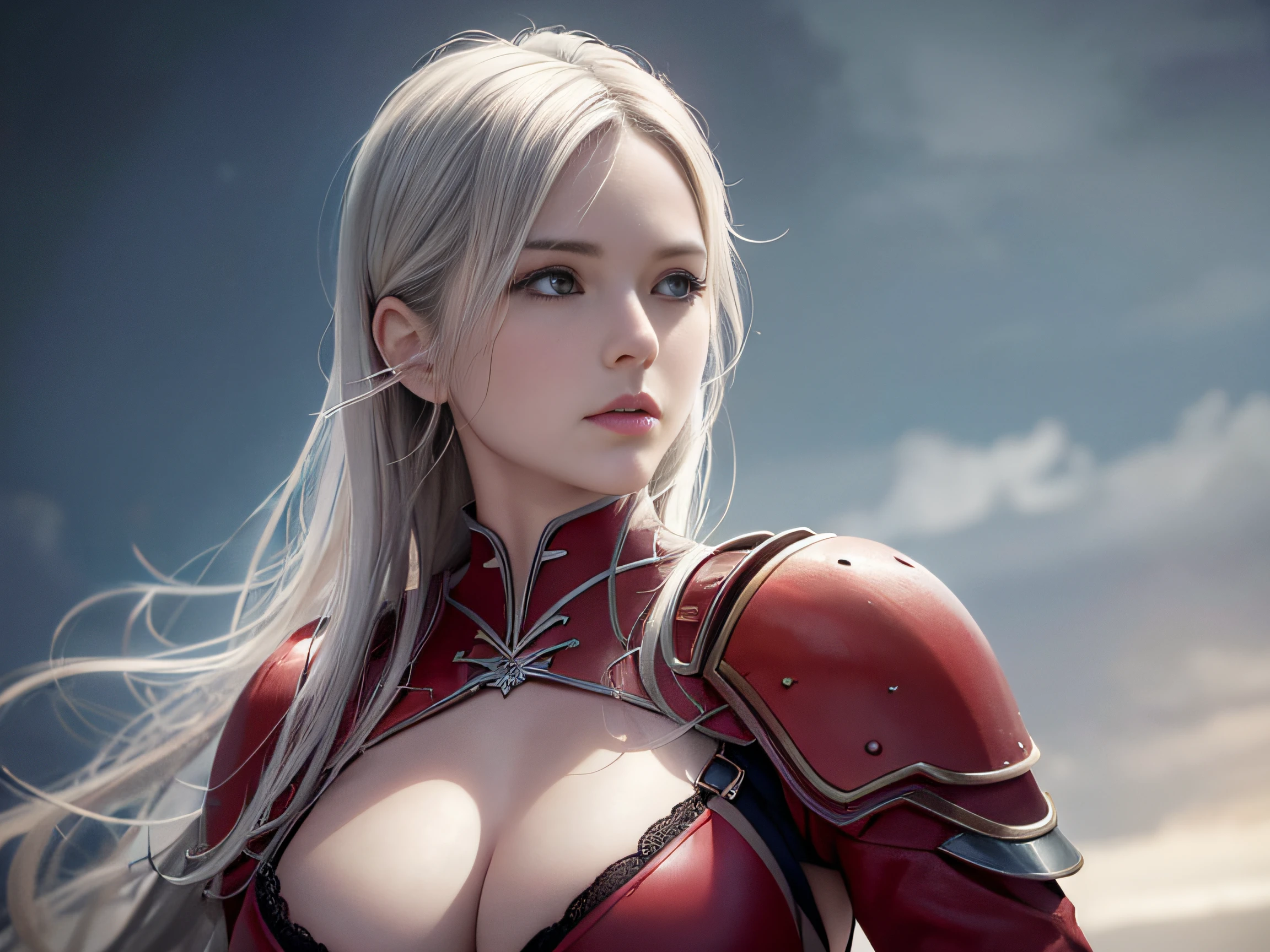 Cirilla Fiona Elen Riannon，Highest image quality，Outstanding details，超高分辨率，（Fidelity：1.4）, Favor the details，closeup cleavage，dawn，Snow，winter，Behind it is the wizard's sword，He has a delicate and beautiful face，（（Red and white semi-mechanical body：1.8）），Raised sexy，frontage，cyber punk perssonage，Futuristic，mechanically aesthetic，Virtual Engine 5，Perfect detail rendering，rendering by octane，hyper HD
