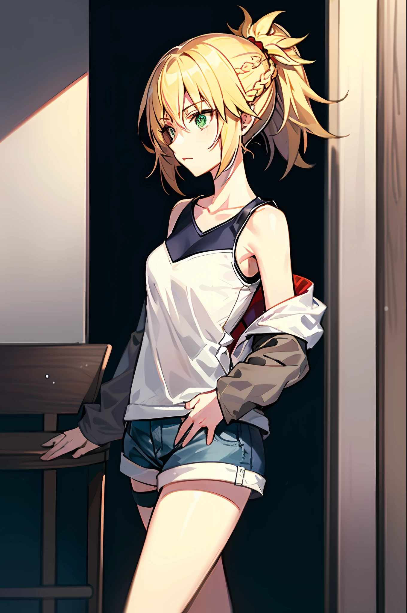 巨作, Best Quality, illustration, city street, 1girl, Mordred \(fate\), cowboy shot, skinny, collarbone, Detailed blond hair ponytail braid, green eyes, Red leather jacket, White short blouse, denim shorts