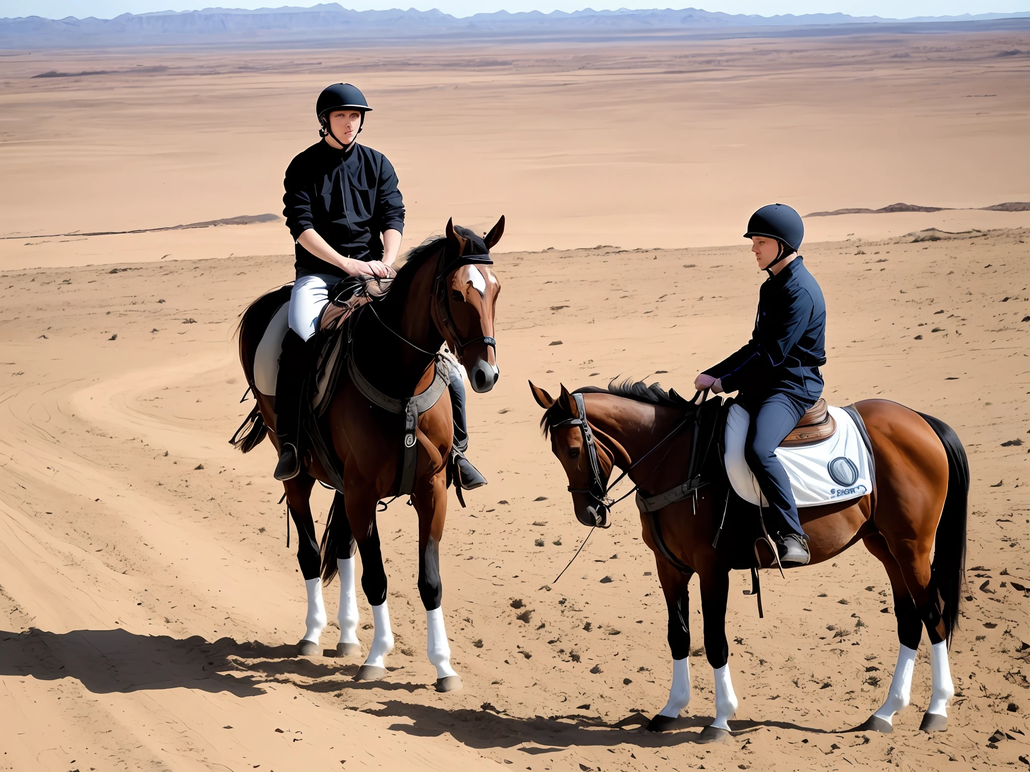 Garoto, cavalo, vestes leves, deserto, suor, horizonte