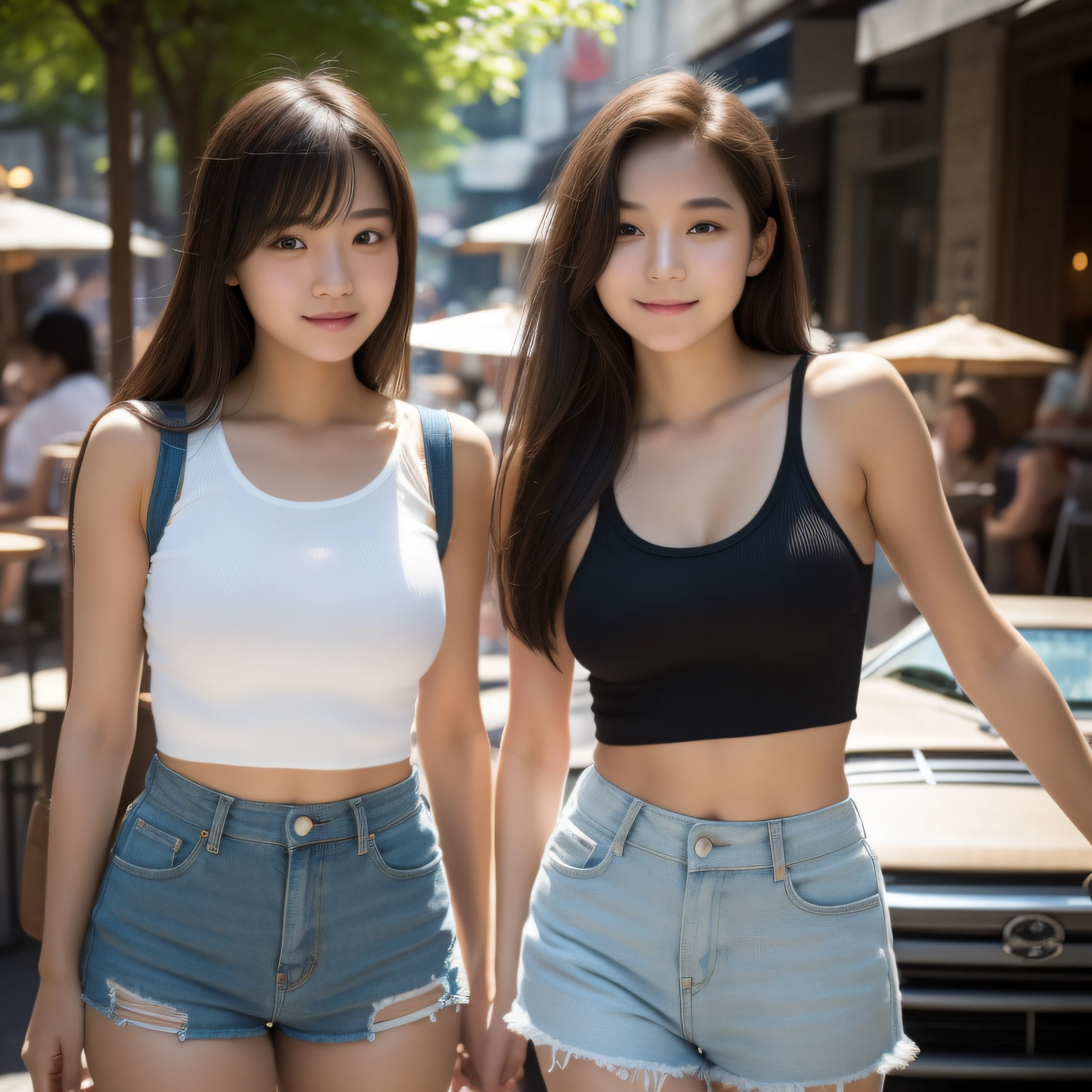 ultra-detailed, 2 girls, Asian, athletic body, realistic skin texture, long hair, (breasts:1.0), (smile:0.8), gaze at viewer, tube top, hot pants shorts, micro mini skirt, movie lighting, face focus, fine eyes, detailed face, well lit face, day light, outdoor cafe in background, nice thighs