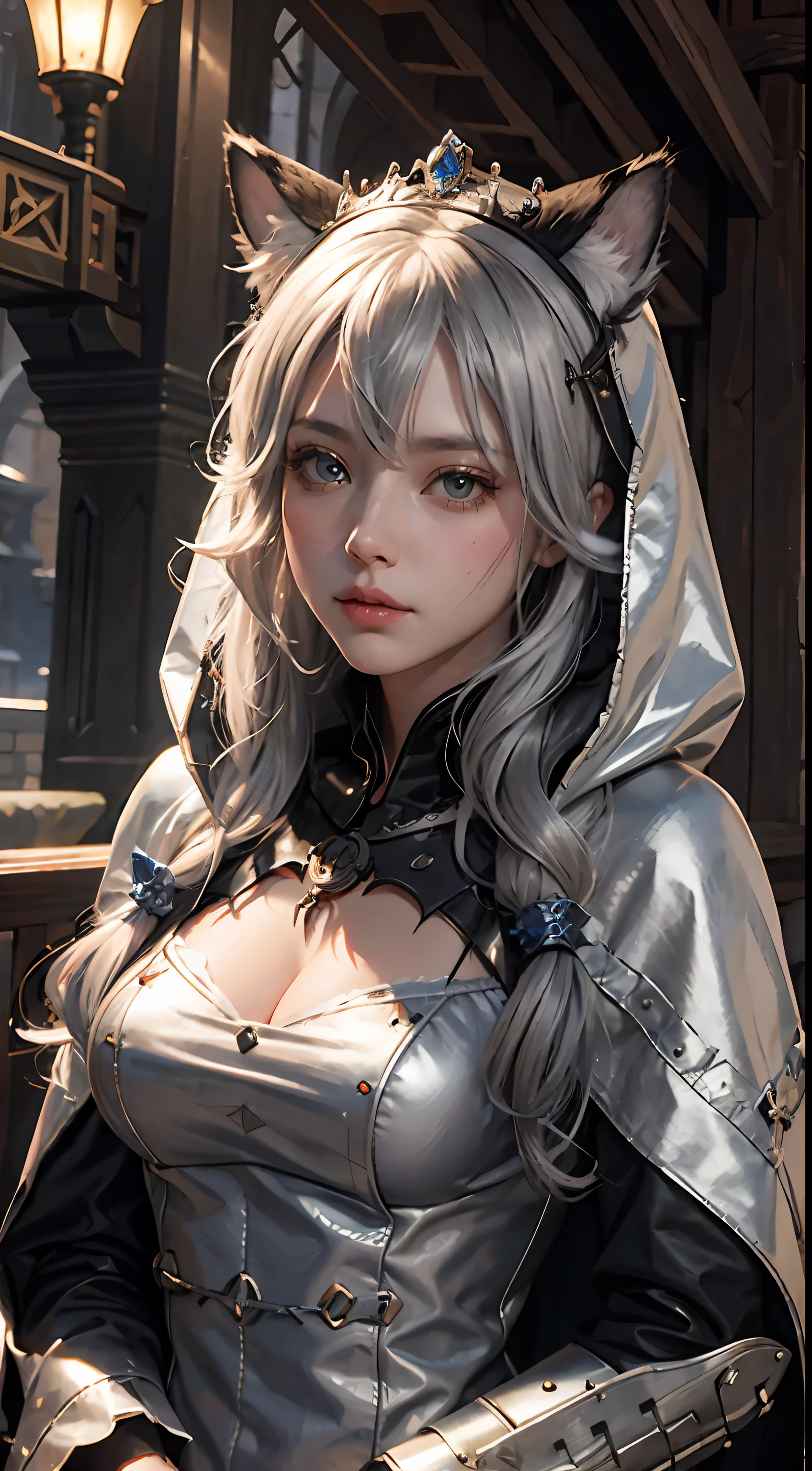 medieval times，steampunc，gear wheel，cat ear, Princess，tiara crown，dual horsetail, Silvery hair, kemonomimi mode, full blush, Hooded cape, High detail, Chiaroscuro, Verism, Ray tracing, High details, A high resolution