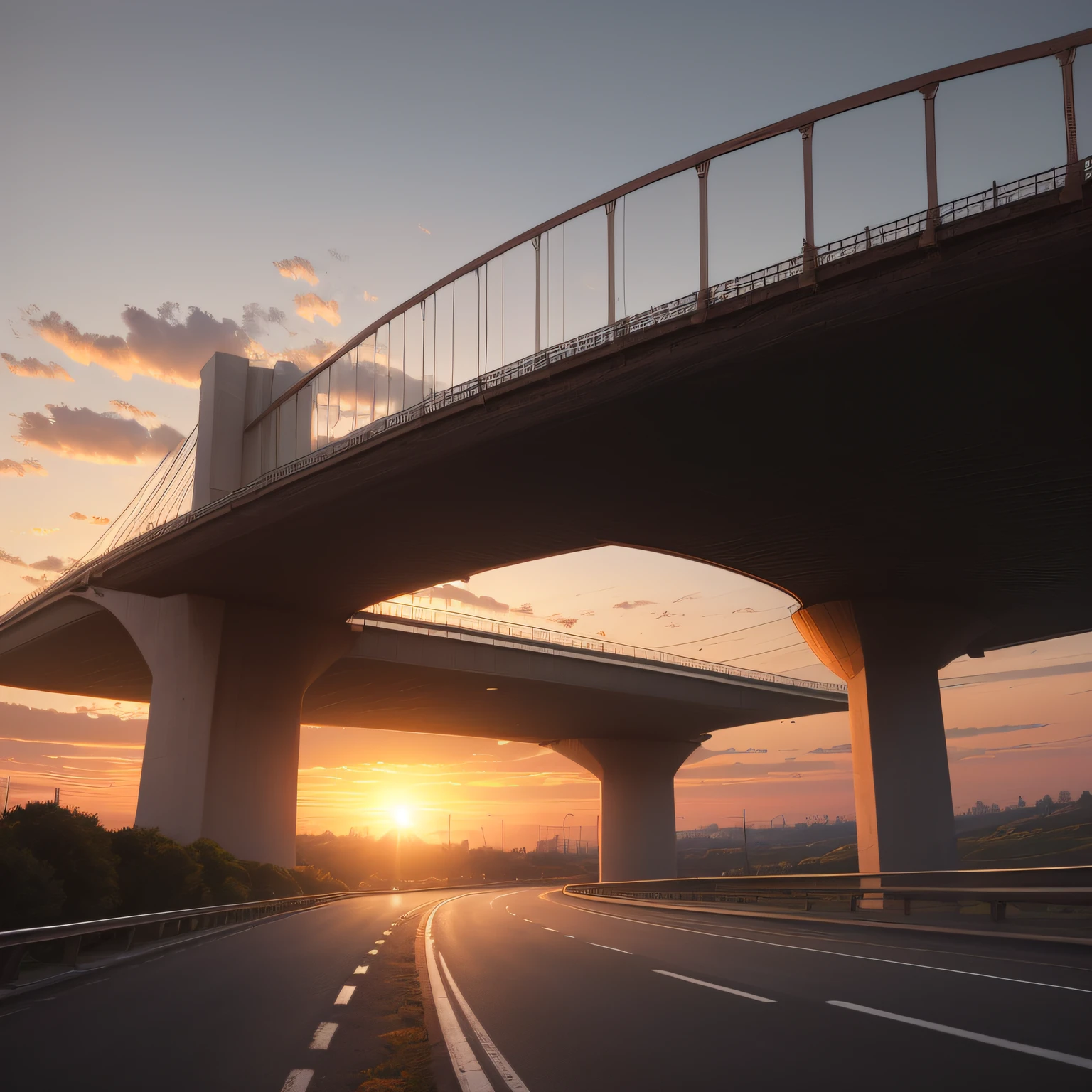 Modern city bridge sunrise on the road in a car --auto