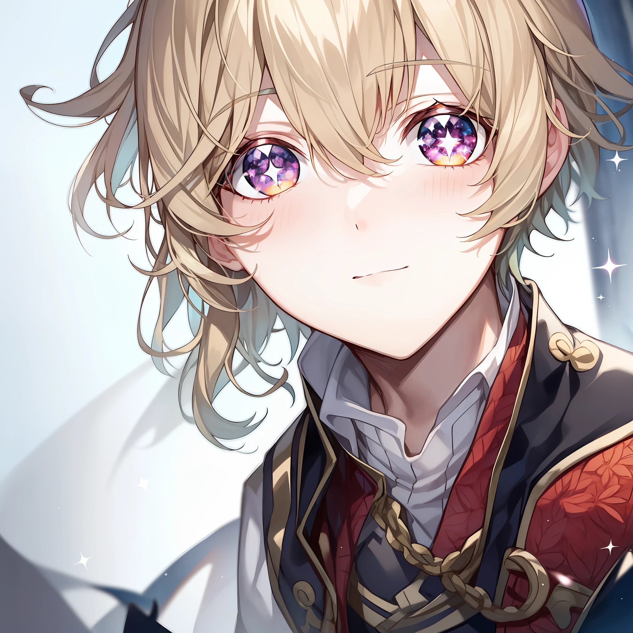 1 boy , short blond hair , has beautiful and detailed glittery eyes , eye blue, wears a demon slayer corps uniform and a dark orange haori in anime Kimetsu no Yaiba
