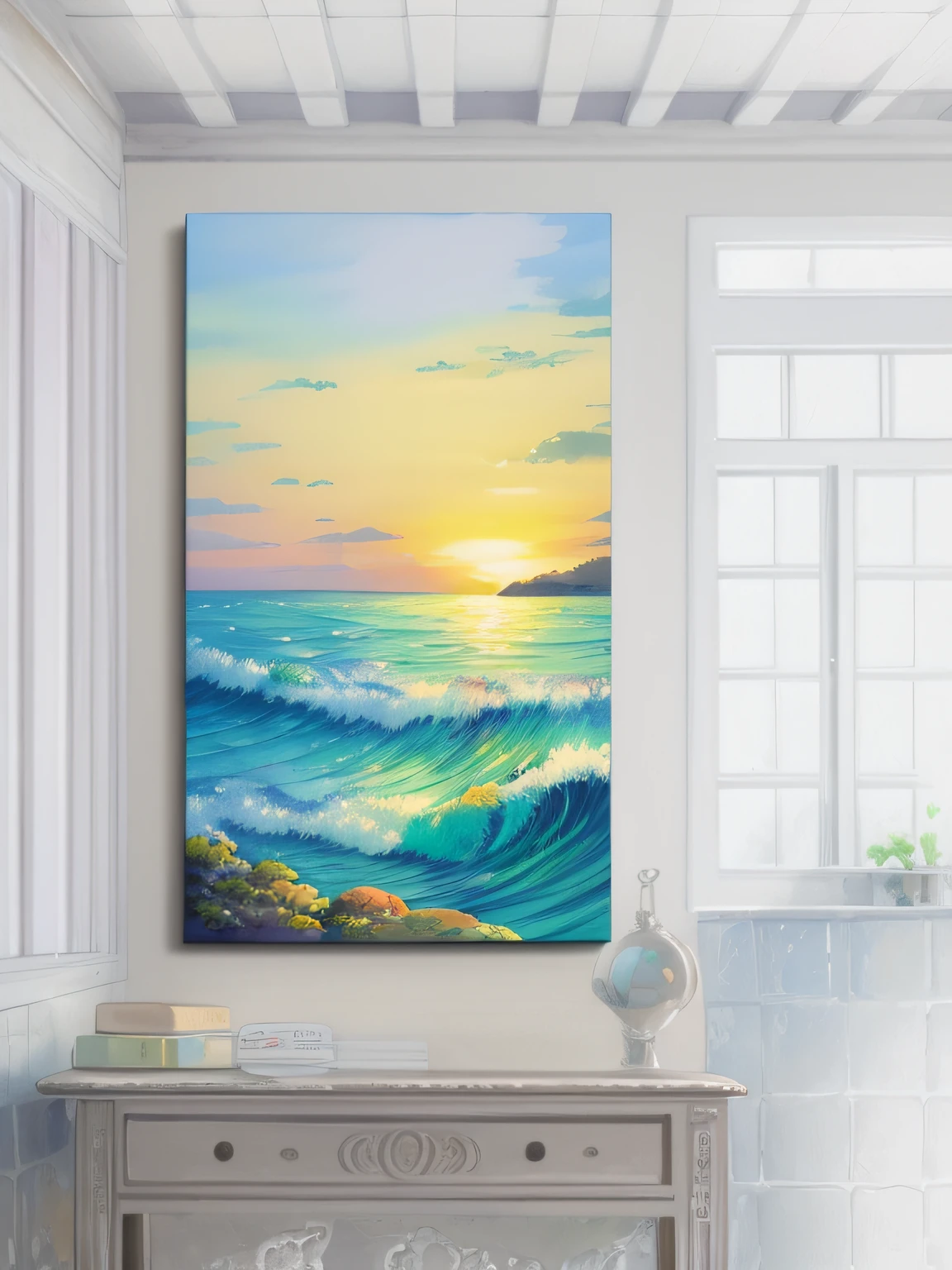 Ocean sunset oil painting、Heavy glazed oil painting、Intricate and delicate oil paintings、High-quality three-dimensional texture oil painting、Wall decoration painting、sun rising，Shine brightly、Artistic expression on canvas、Artistic quality thick lacquer、Canvas painting、large painting、High quality glossy art、Sunset、Splendid oil painting、Detailed paintings、Sunset painting on the sea、There are waves on the coast