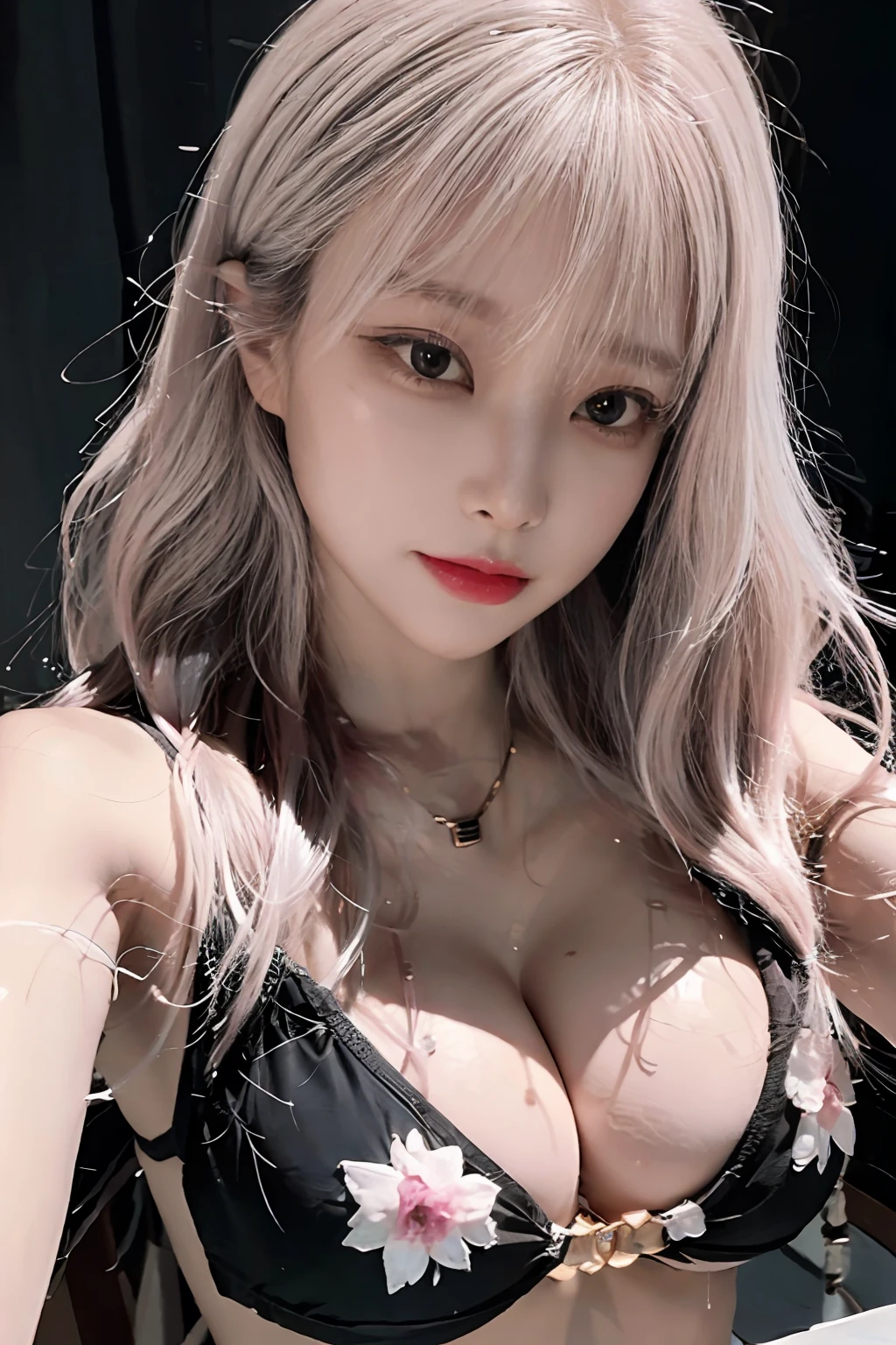 (8K、top-quality、masterpiece:1.2),Depicts the upper body,Upper body,look up at viewer,Selfie shot angle,The bikini, -yeld Kon,big round chest、cleavage of the breast、fair white skin、shiny white skin、Beautiful eyes with random colors、beautiful eyes finely detailed、elongated eyes、pale pink blush、long eyeslashes、Beautiful double eyelids、eyeshadows、Beautiful ribs、a necklace,, Wet skin, Wet hair,
