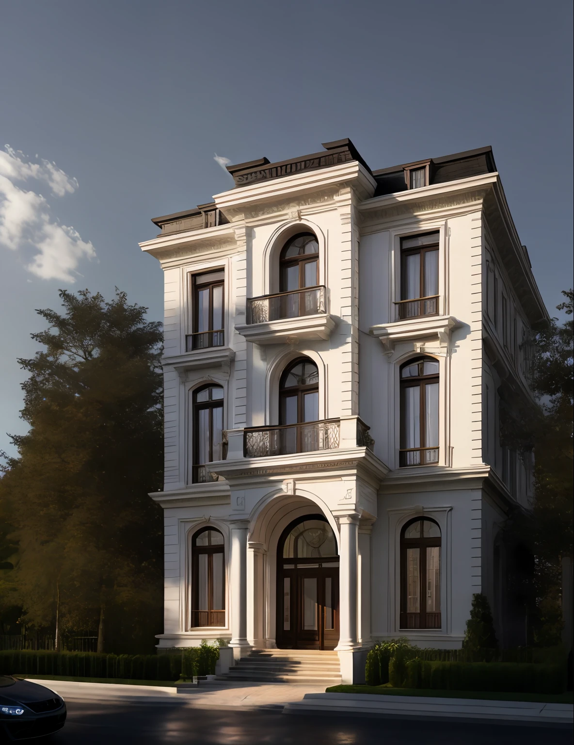 masterpiece, (photorealistic:1.2), best quality, ultra high res, exterior,architechture,modern house,white wall, glass windows,,trees,traffic road,design,trees around, blue sky,in the style of realistic hyper-detailed rendering, 32k uhd, luxury neoclassical villa, in the style of neoclassical scenes, hallyu, white, (dark navy roof:1.2), daylight, decorative art nouveau, les nabis, big door
 masterpiece,ultra realistic,32k,extremely detailed CG unity 8k wallpaper, best qualityIns