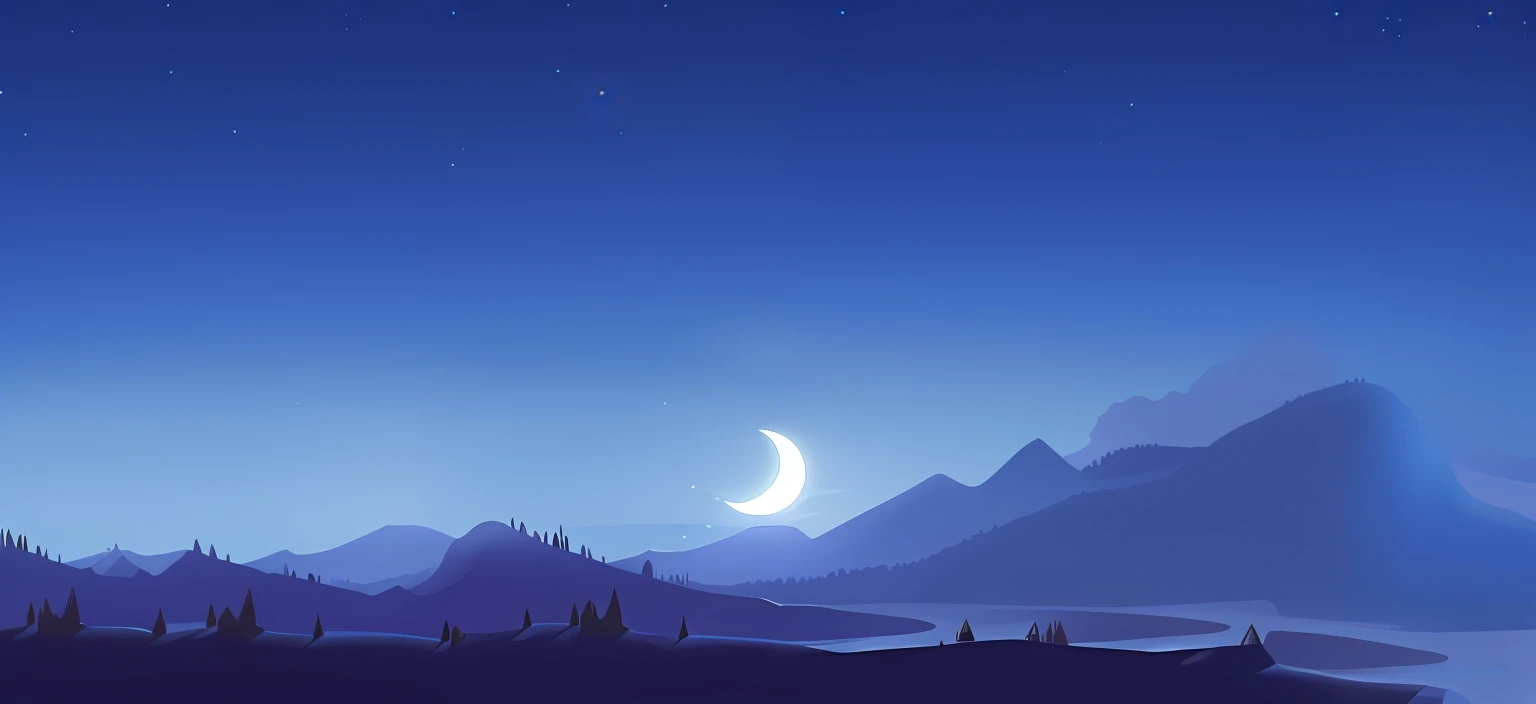 There are pictures of mountains and crescent moons, calm evening. Digital illustration, Night landscape background, Night background, moonlit starry sky environment, nighttime scene, nighttime nature landscape, nighttime scene, crescent moon in background, Moonlight background, moon light in the top background, Mobile game background, Landscape background, moon landscape, 2d game background，4k画质，In the daytime，There are pine forests in the mountains，There are winding rivers，There are clouds，down view ，45 degrees from above