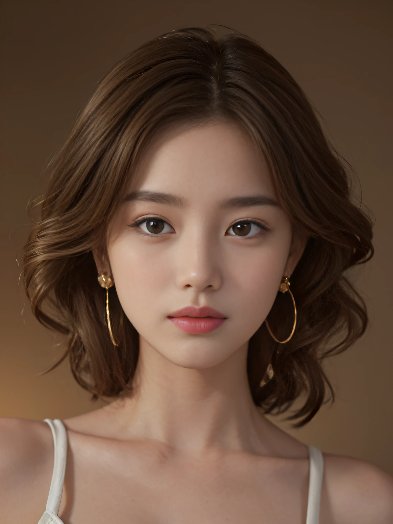 best qualtiy， tmasterpiece， 超高分辨率， （realisticlying：1.5）， RAW photogr， 1girll， in the darkness nigth，solid color backdrop， deep shading， low tune，warm lights，There are light and shadows on the face，light brown short hair，curlies，With gold earrings