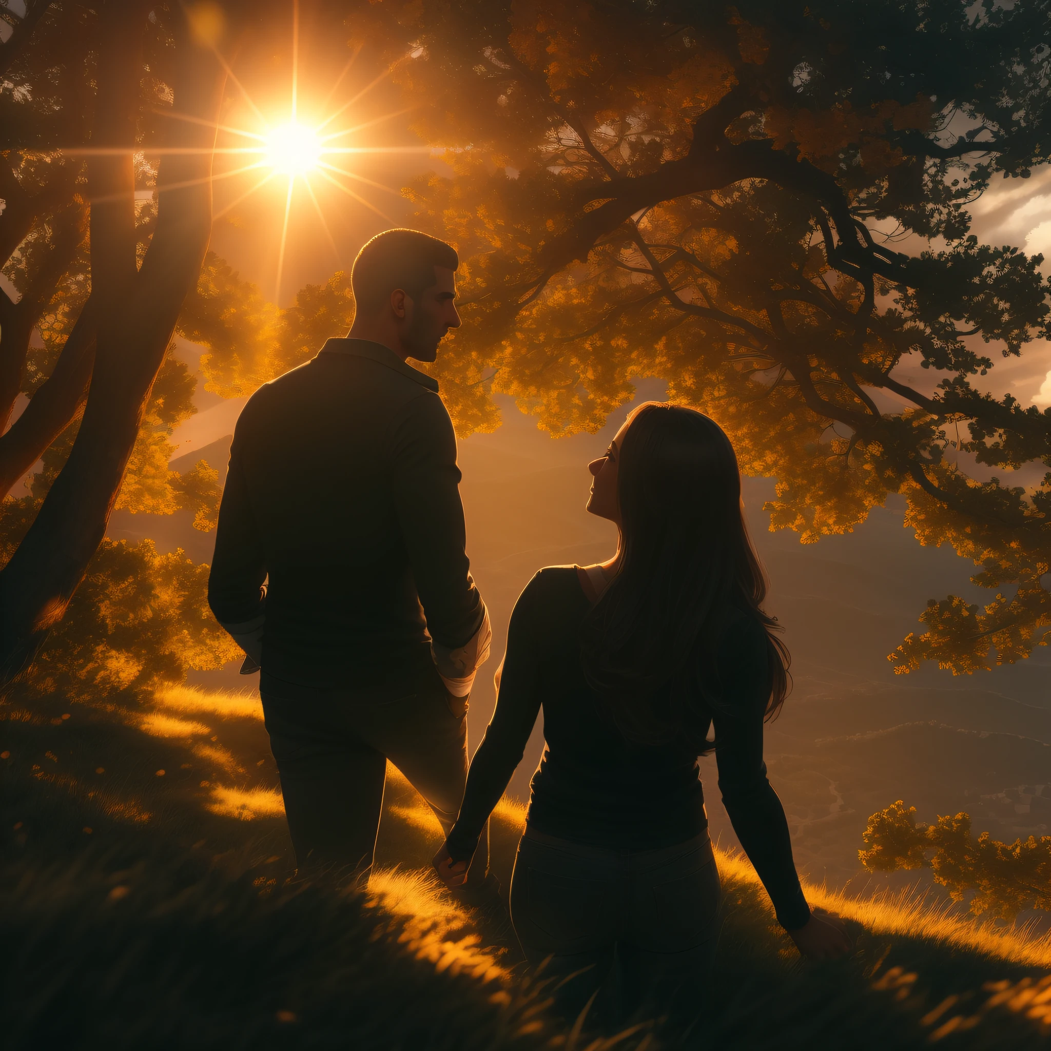 fazer a silueta de um casal de namorados, no alto de um monte com o sol se pondo ao fundo,  cinematic picture, efeitos luminosos marcantes com os raios do sol poente, super realista, 8k, obra prima.