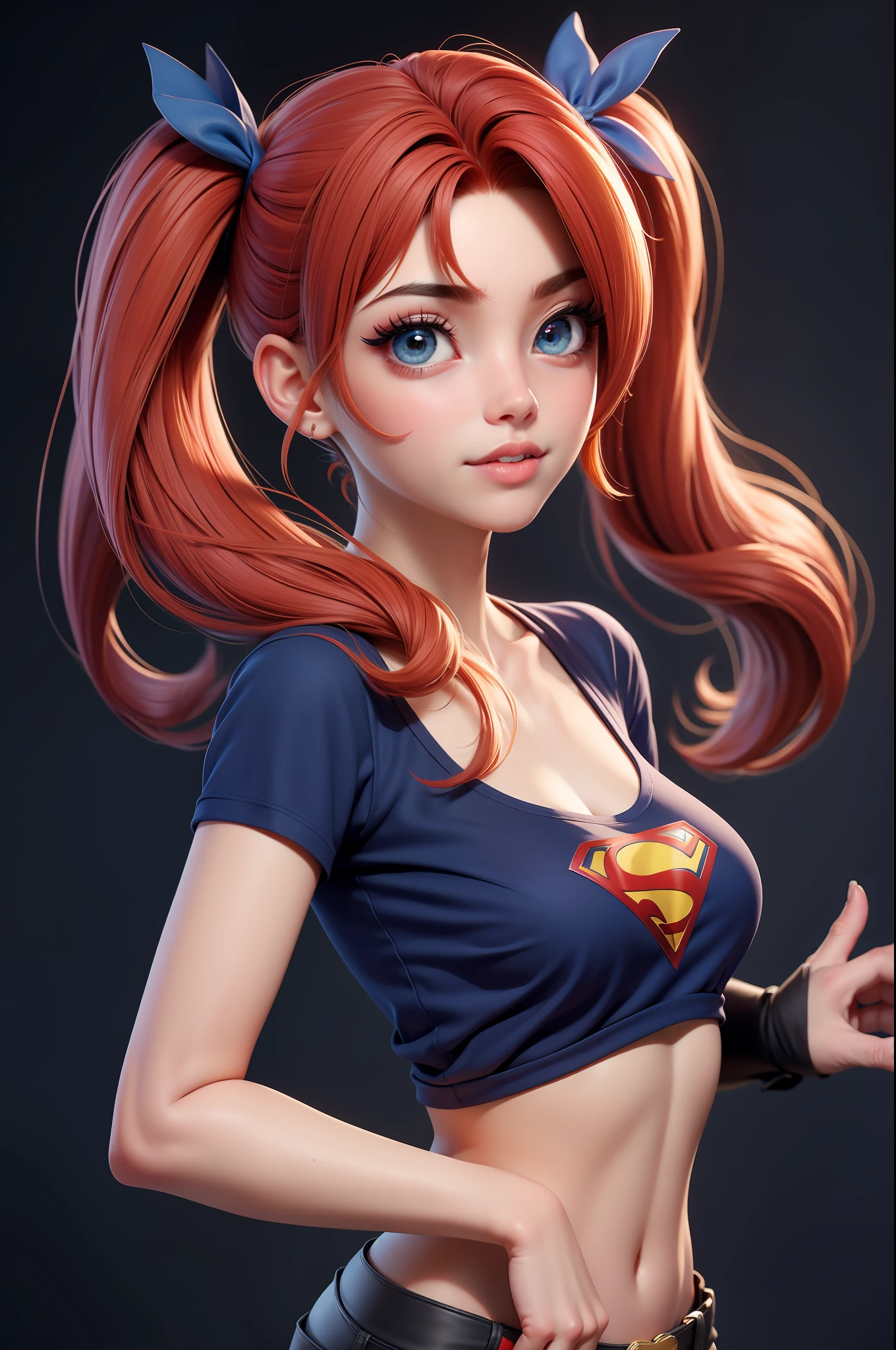1menina loira, tohsaka rin, solo, cabelo loiro comprido, camisola, camisola vermelha, olhando para o espectador, fundo azul, cabelo loiro, fundo simples, dois lados para cima, Super Heroine Costume, gola alta, olhos azuis,, boca fechada, fita, fita de cabelo, franja, camisola de gola alta, parte superior do corpo, franja separada, fita preta, camisola nervurada com letra S do superman no peito, twintails, nariz,
