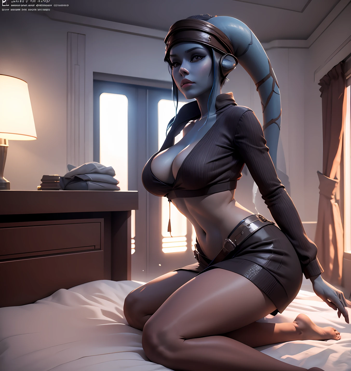 3 d render character art 8 k, portrait beautiful sci - fi girl, wlop. scifi, sci fi female character, stunning cgsociety, show full body, twi'lek, naughty smile, star wars ship, remove headband, make younger, bathrobe, sexy pose, sexy eyes, sexy smille, lies on the bed, lay on bed, sleep on bed, comfortable pose
