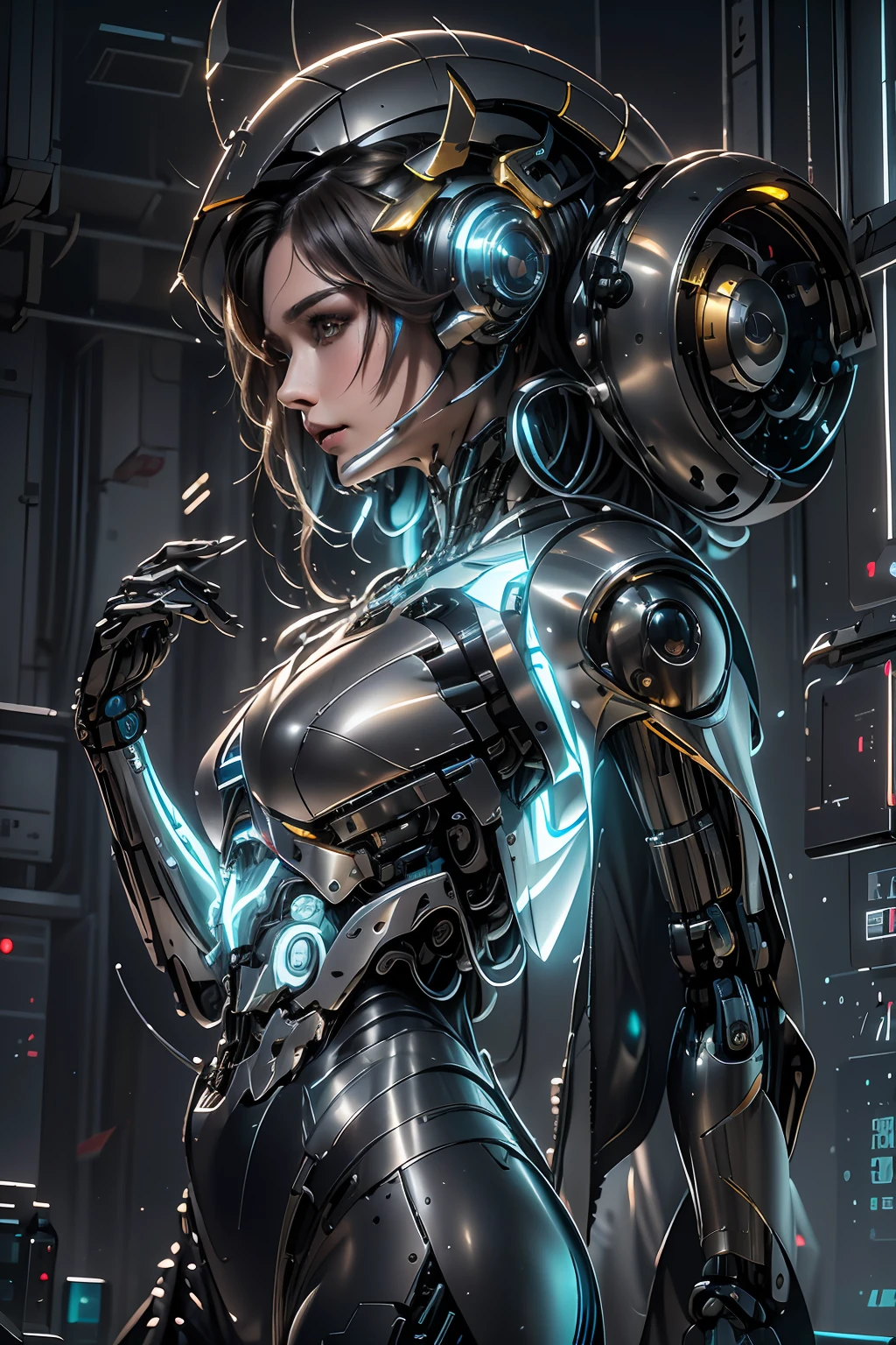1girll,Perfect facial features,delicated face,Mecha,(cyber punk perssonage:1.3),Put on a black and gold titanium mech,Bring headphones,shelmet,Super complex helmets and headphones,Illuminated helmet and headphones,glowing jewelry,Glowing earrings,Glowing necklace,inside in room,Electronic wire background,best qualtiy,tmasterpiece,Movie filter presets,movie level lighting,c4d渲染,rendering by octane,Realistic metal surface,((Brushed metal surface texture)),((with light glowing)),Glow,(fully body photo:1.2),(Mechanical heels),High chiaroscuro,