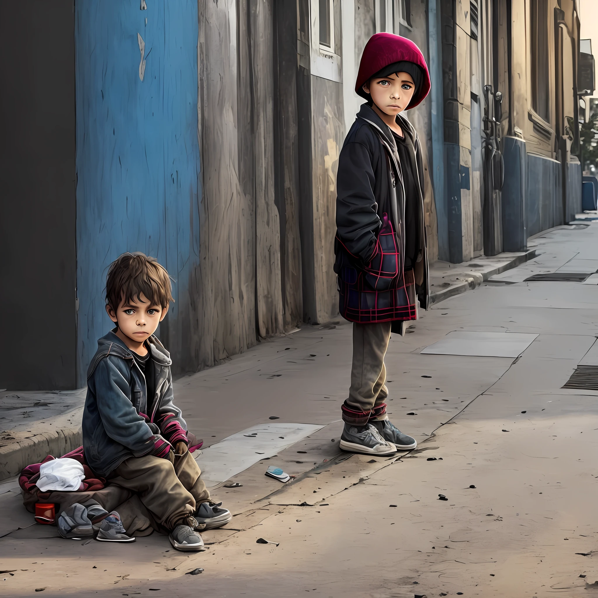 Photo shoot style. a homeless child on the street, A , one child, lying on floor, pedindo esmola, triste, Situation of doom,  foi humilhado, deitado como se estivesse olhando pra o espelho, Deig --auto