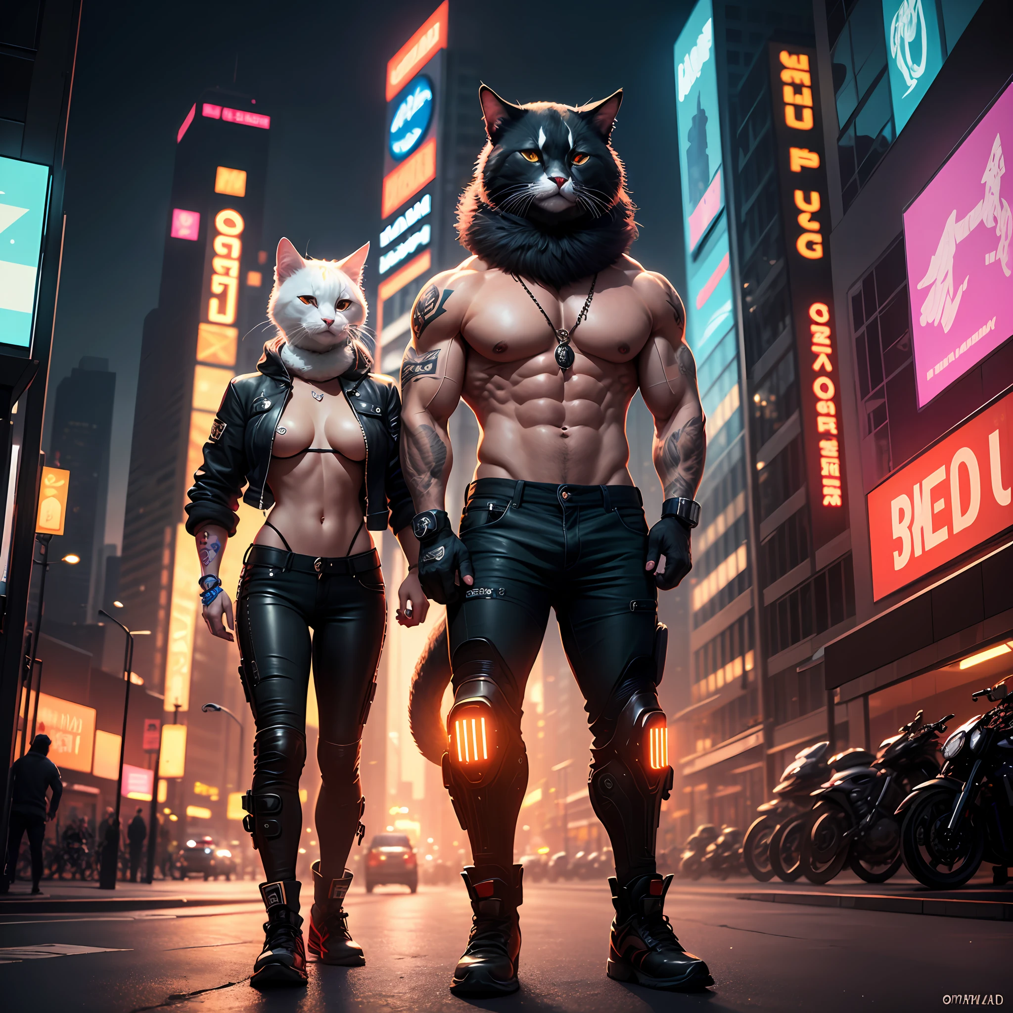 ((melhor qualidade)),((ultratailed)), ((obra-prima)), illustration, Estrutura da cena: Animal cat personified as a gangster, com rosto de gata e corpo humano. She has a muscle building and tattoos on her body. Ela anda de moto na cidade, with tall buildings behind it and flashing neon lights. Immediate composition: M-gangster, animal personification, andar de moto, corpo tatuado, muscular build, paisagem urbana, high buildings, luzes de neon --auto