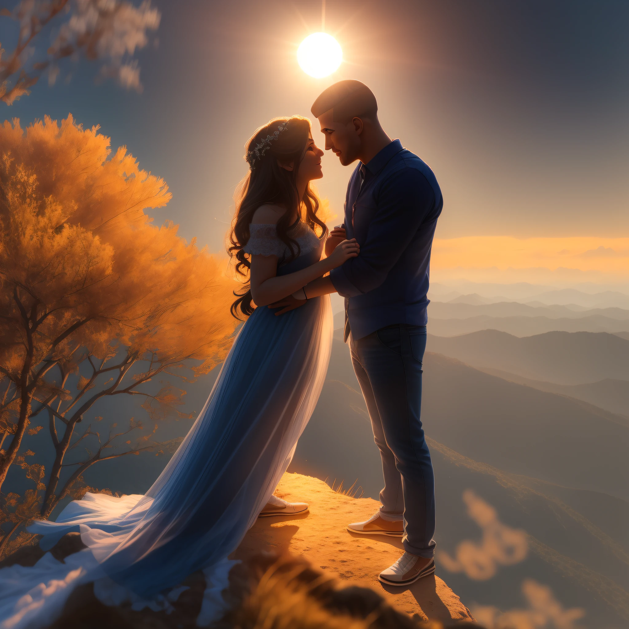 fazer a silueta de um casal de namorados, no alto de um monte com o sol se pondo ao fundo,  cinematic picture, efeitos luminosos marcantes com os raios do sol poente, super realista, 8k, obra prima.