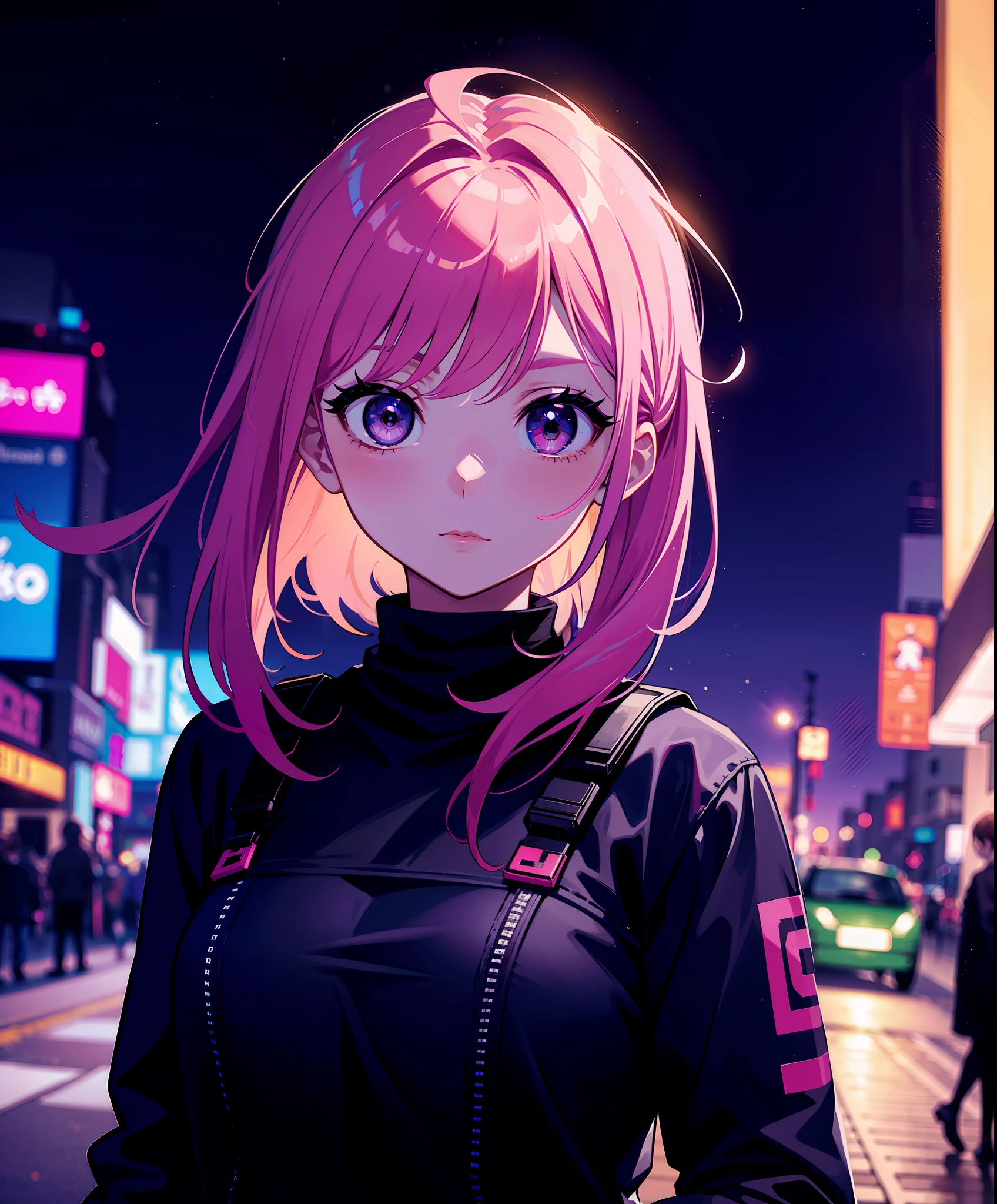 1girl, looking at viewer, walking on the street, night, bokeh, upper body, cyberpunk, face focus