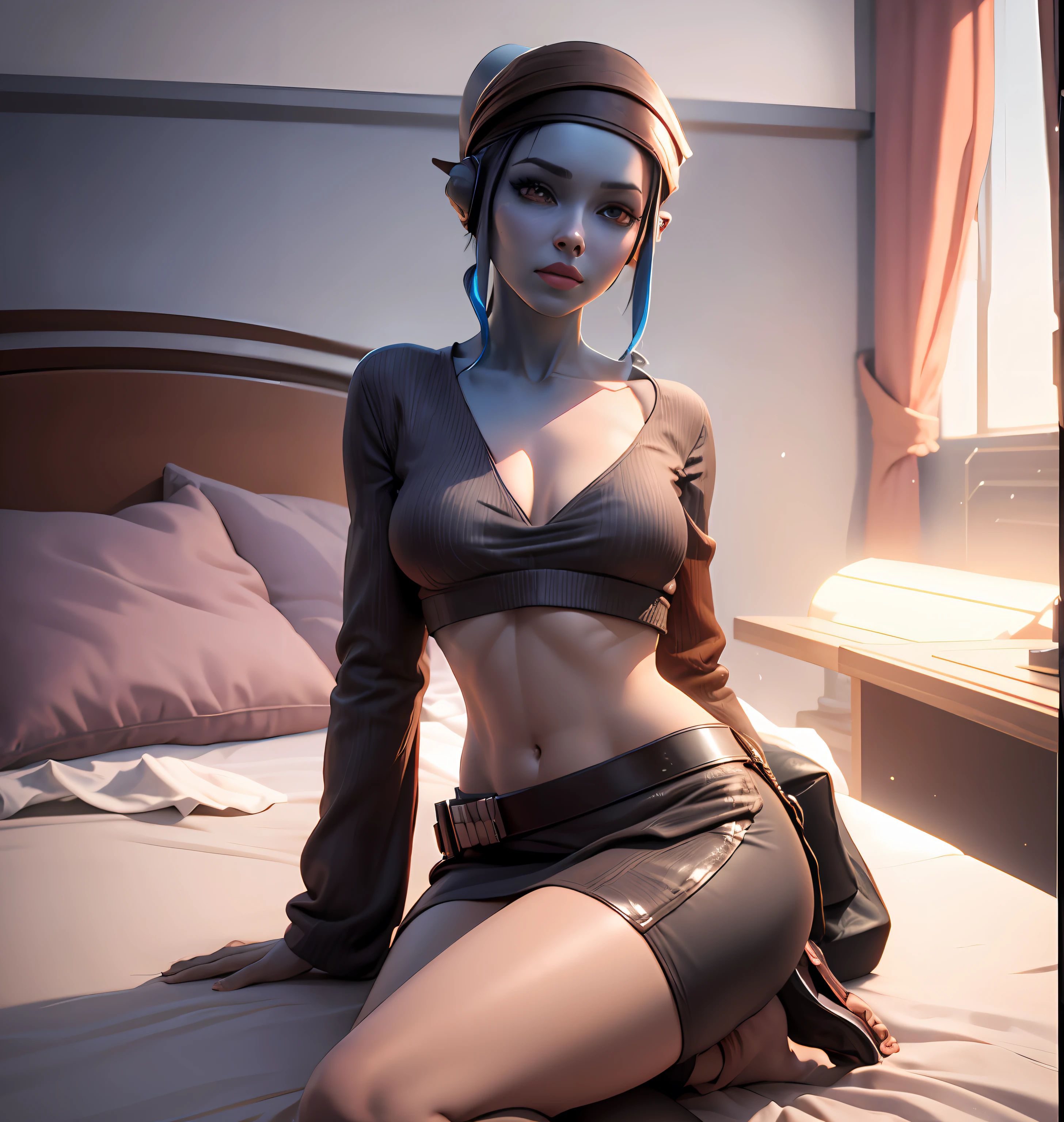 3 d render character art 8 k, portrait beautiful sci - fi girl, wlop. scifi, sci fi female character, stunning cgsociety, show full body, twi'lek, naughty smile, star wars ship, remove headband, make younger, bathrobe, sexy pose, sexy eyes, sexy smille, lies on the bed, lay on bed, sleep on bed, comfortable pose