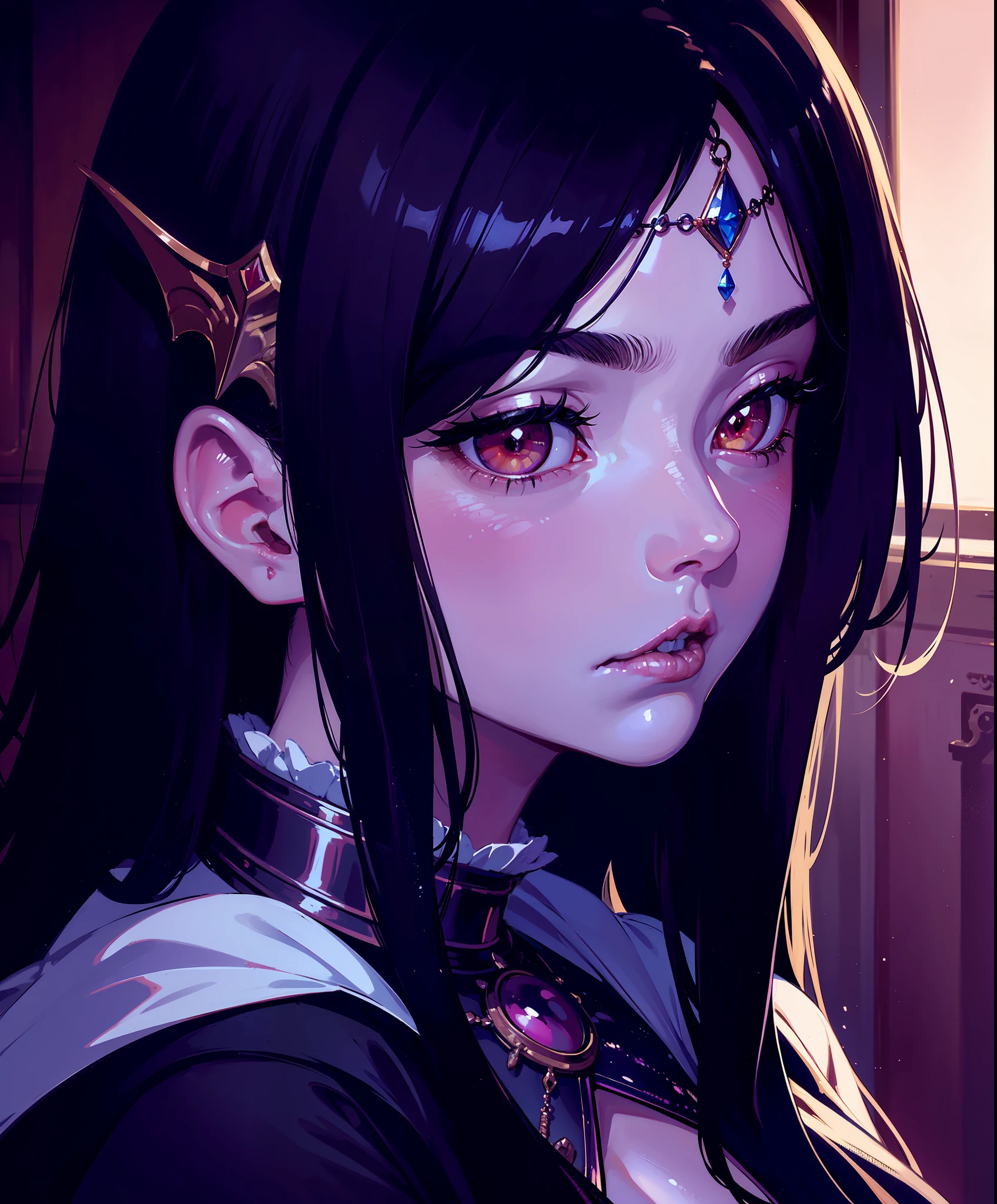 dusk, moody, gloomy, intimate close up portrait of a beautiful vampire princess, perfect shiny ivory skin, flushed, smoldering eyes, (perfect face), cleavage, shiny long black hair, frills, (Albert Lynch), J. C. Leyendecker, Ruan Jia, Gaston Bussiere, Alexandre Cabanel, WLOP, best quality