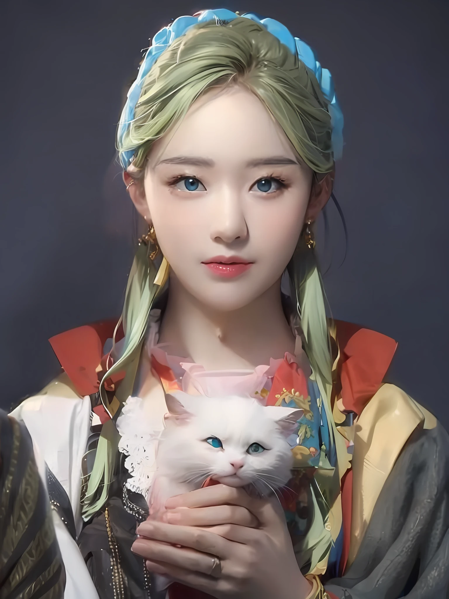 Green hair,blueneyes,PVC yellow-red clothes