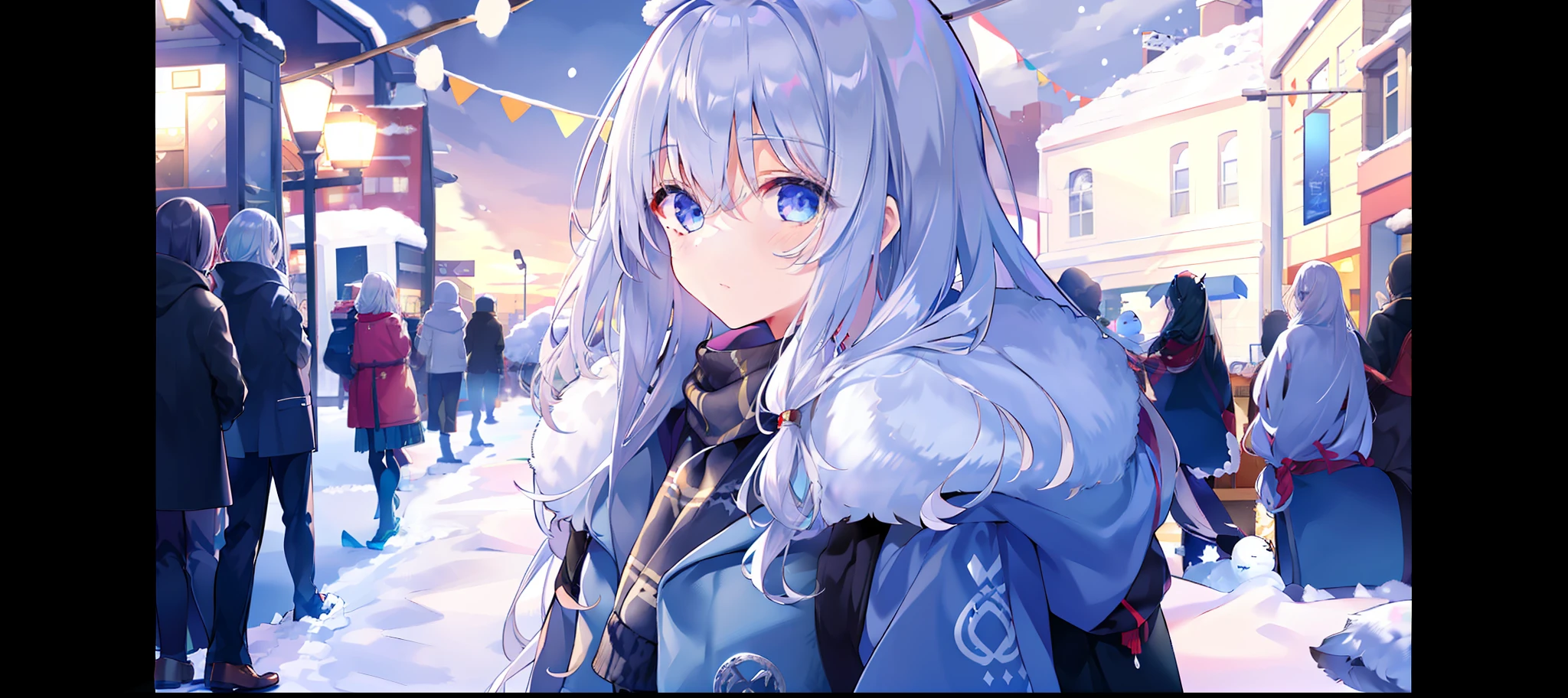 ((masterpiece,best quality,detailed)), 1girl, solo, elaina \(majo no tabitabi\), winter uniform, quinzhee, setsubun, fur-trimmed sweater, winter coat, snowman hair ornament, blizzard, night,  snowflake print, black coat, snowman print, snowball