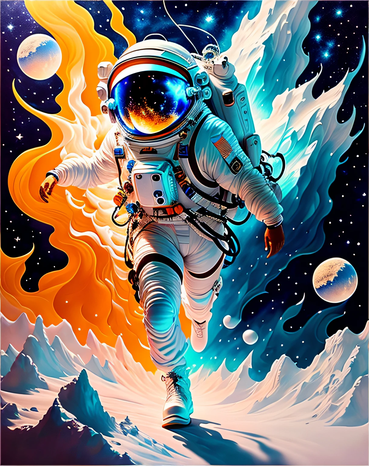 Greek astronaut philosopher, escalando o asteroide, character rendering, ultra high quality model, ethereal background, beleza abstrata, explosive volumetric, oil-painting, pinceladas pesadas, pingos de tinta, UHD, alta qualidade, hiper-realista, altamente detalhado
