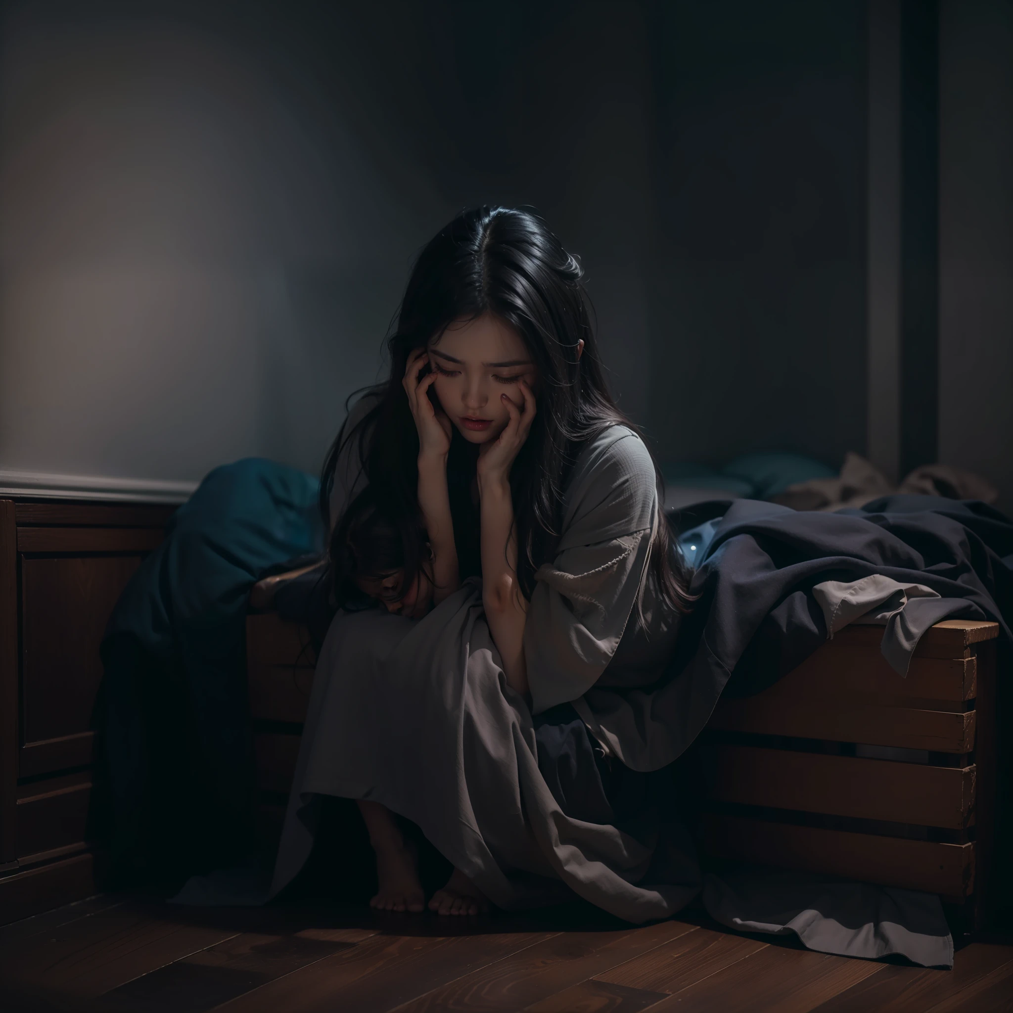 (A terrified woman closing her eyes with a cloth while crouching in the corner of a room), (woman, terrified, cloth, crouching, corner, room, ultra-wide shot, night time,Perfect coloring backgrounds, Epic Cinematic Backgrounds, full body, highly detailed, Perfect composition, optimization colors Palette, color blasting, illuminated lighting blasting, proportions sharpness and shades, illuminated nature lighting, optimization dark and Bright color combinations, perfectly Thin and bold line combination, optimization color effects, masterpiece, dark, best quality, 4k, sharp focus, perfect anatomy, centered.)