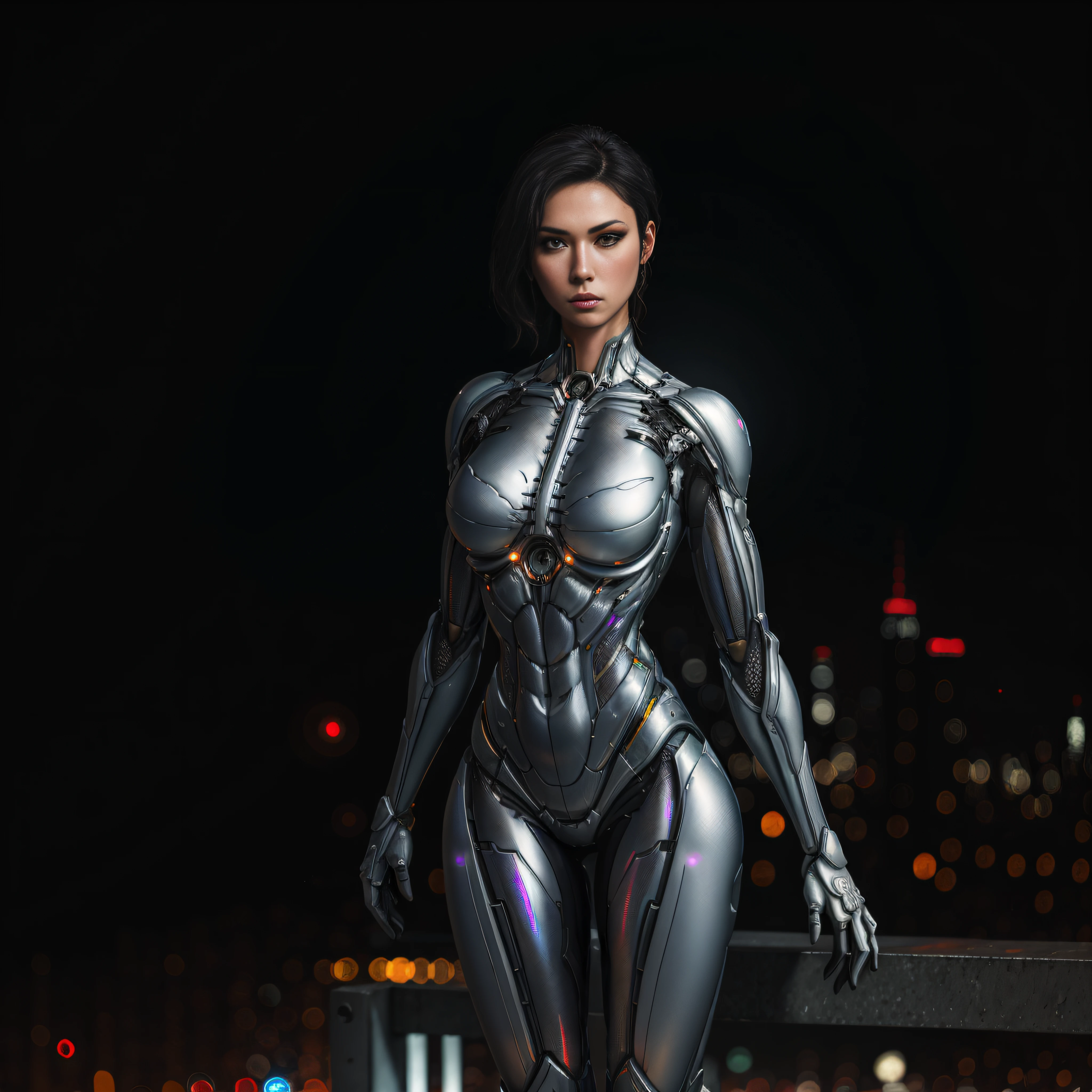 RAW, 1asian girl, white, full body shot, holographic White nano-suit semi-transparent (masterpiece, best quality), (detailed skin:1.3, detailed face:1.3), dslr, realistic, standing on the ledge of a skyscraper looking at viewer, sharp focus, delicate, soft colors, cinematic lighting, lean girl, large breasts:1.4, dark background, citiscape in the background, bokeh