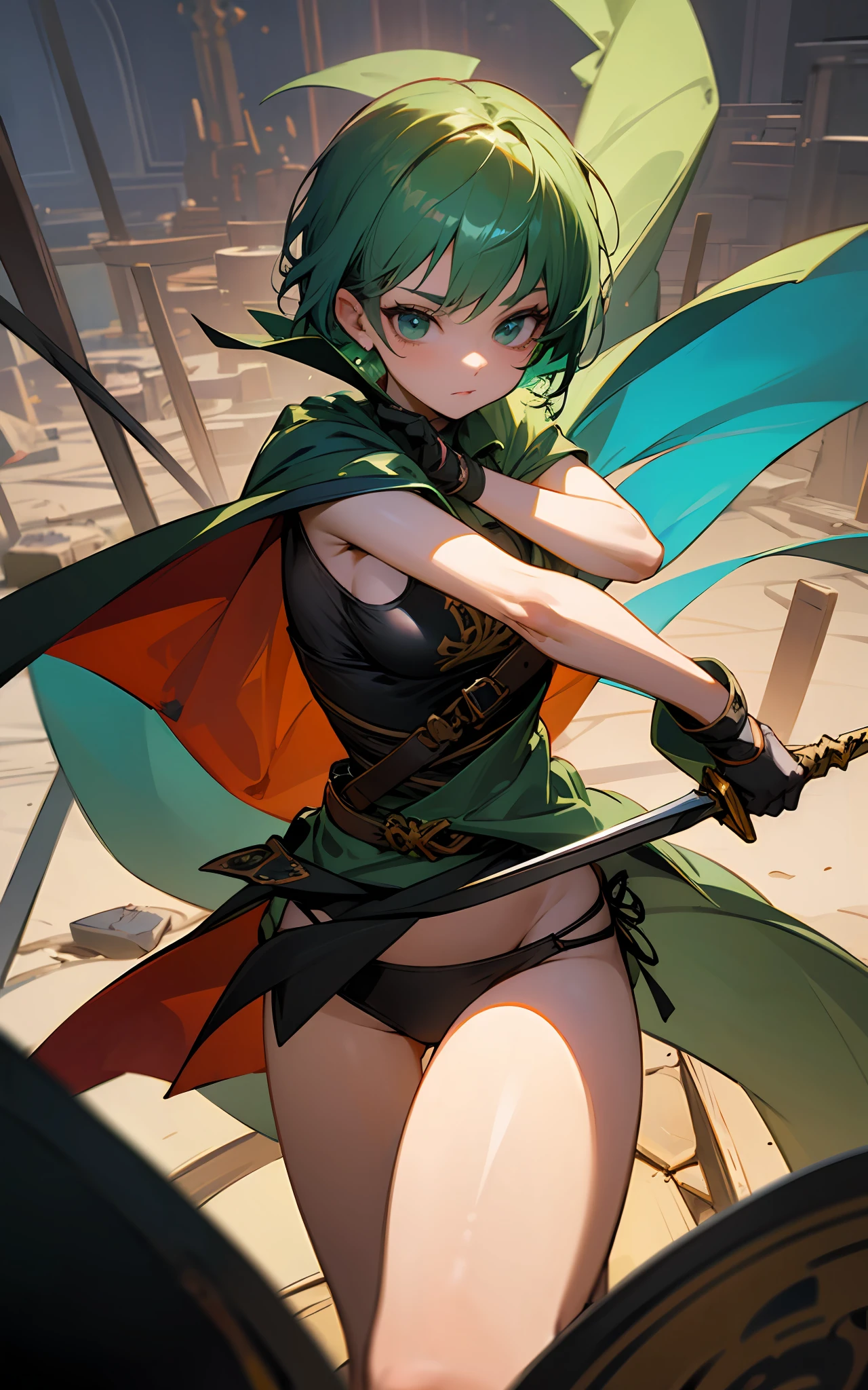 Green short hair、Dark Labyrinth、a beauty girl、Wielding a dagger、Wearing a cape over a bikini、