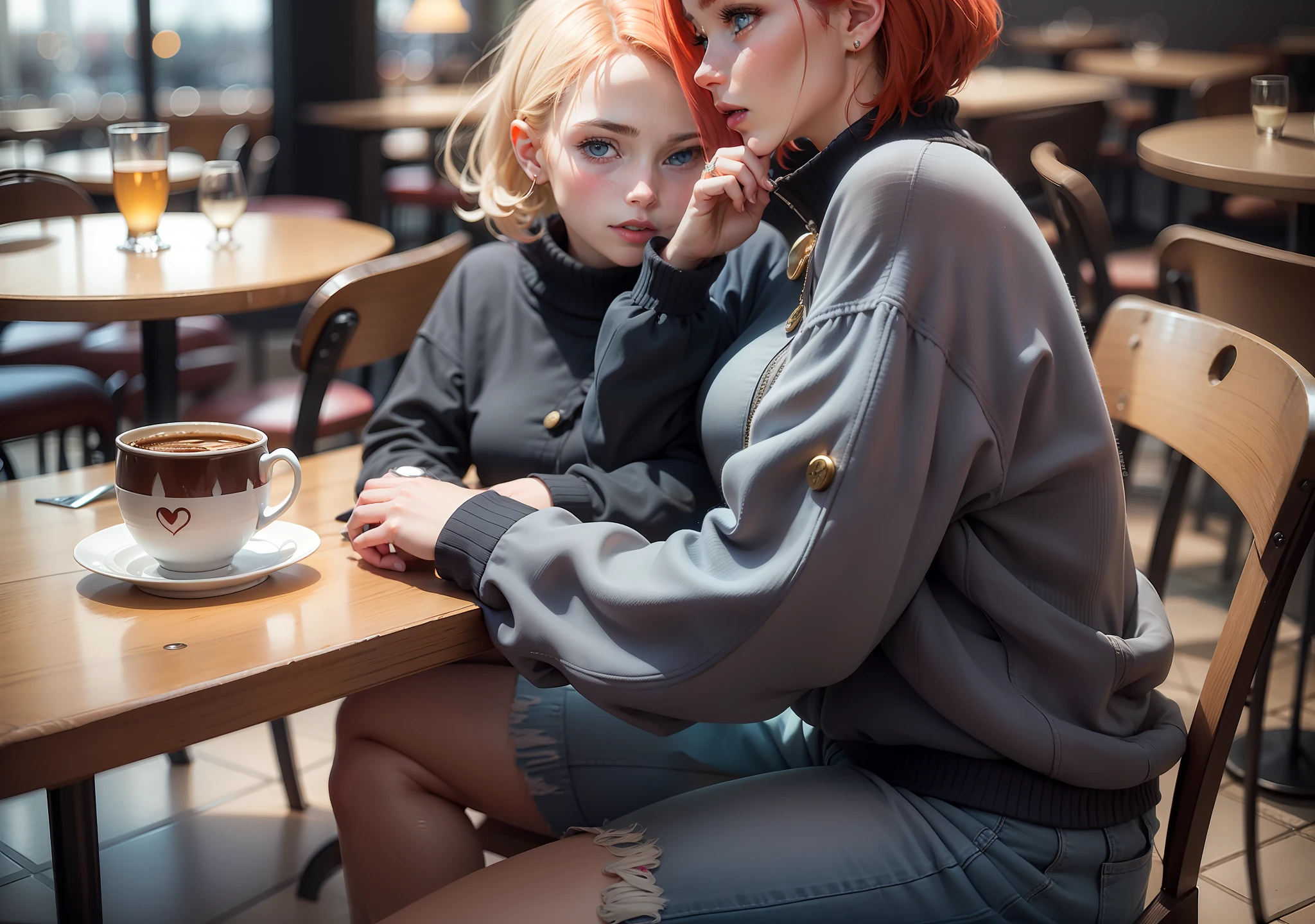 A beautiful girl with short red hair, she is in black sweatshirt and with a black jeans with a heart brooch, she is at a table with her daughter who is blonde and is wearing a long black dress, she is white and has blue eyes and her mother has blue eyes and they were in the Eiffel Tower restaurant having afternoon coffee and eating a snack, the daughter was Using your mobile phone