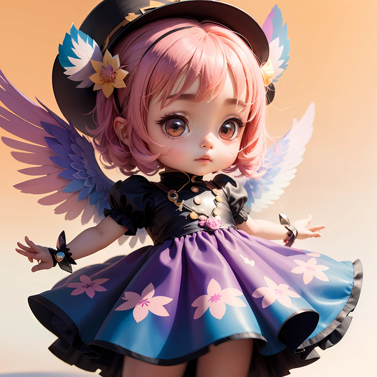 A girl in a colorful hat and a dress with pairs of wings on her back, chibi girl, in dress, loliwaii chibi, inspired by lyki, chibi art, inspired by Tahara Gu Soda, inspired by Yunduxue, inspired by Wang Lu --auto