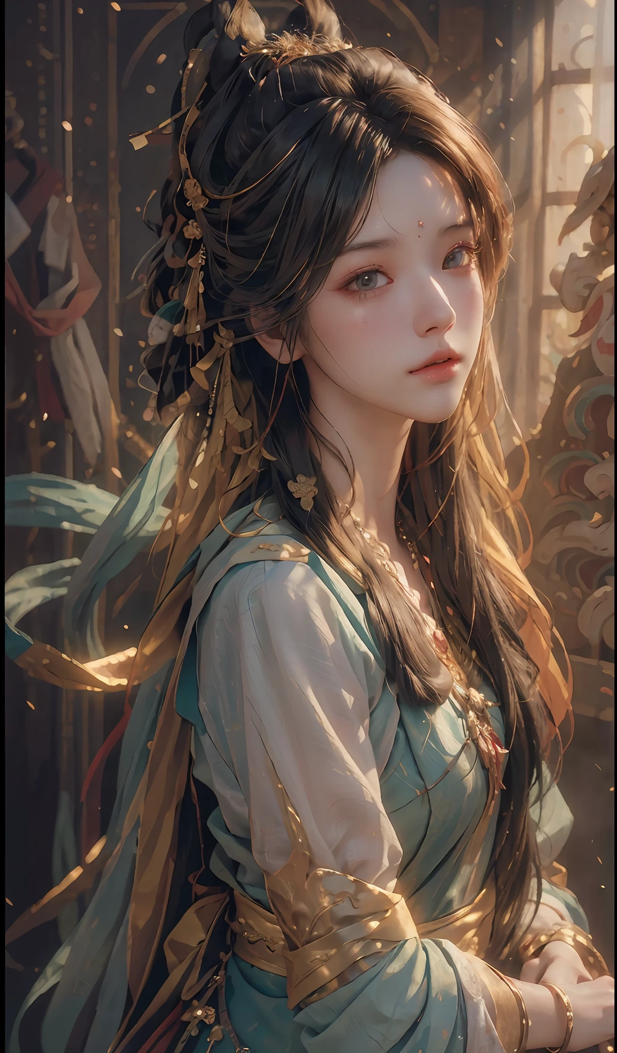 (RAW photo, best quality), (realistic, photo-realistic:1.3),best quality,highly detailed,masterpiece,ultra-detailed,illustration,1girl,upper_body,dynamic angle,world masterpiece theater,messy_long_hair,best quality,extremely detailed CG unity 8k wallpaper,ink,Amazing,cinematic lighting,lens_flare, dunhuang_style