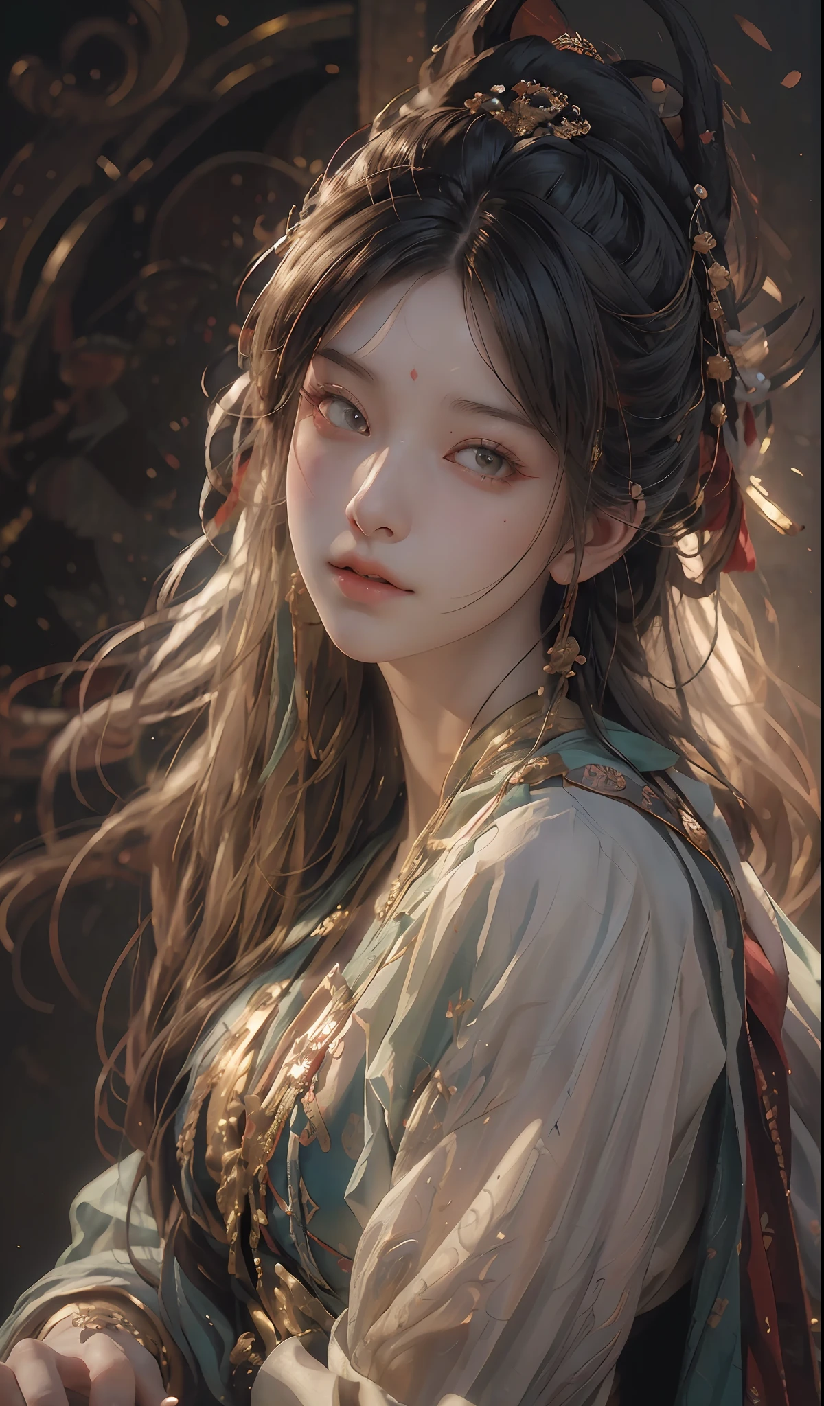 (RAW photo, best quality), (realistic, photo-realistic:1.3),best quality,highly detailed,masterpiece,ultra-detailed,illustration,1girl,upper_body,dynamic angle,world masterpiece theater,messy_long_hair,best quality,extremely detailed CG unity 8k wallpaper,ink,Amazing,cinematic lighting,lens_flare, dunhuang_style