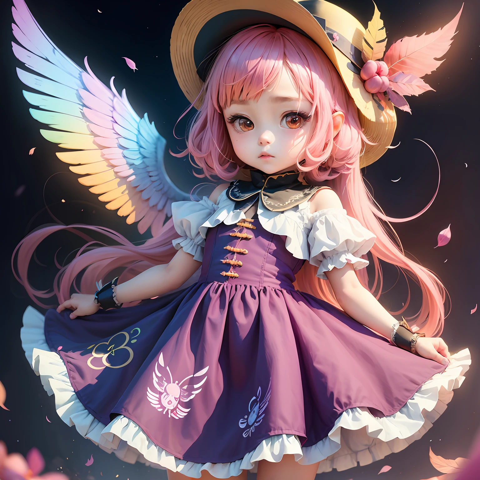 A girl in a colorful hat and a dress with pairs of wings on her back, chibi girl, loli in dress, loli, kawaii chibi, inspired by lyki, chibi art, inspired by Tahara Gu Soda, inspired by Yunduxue, inspired by Wang Lu --auto