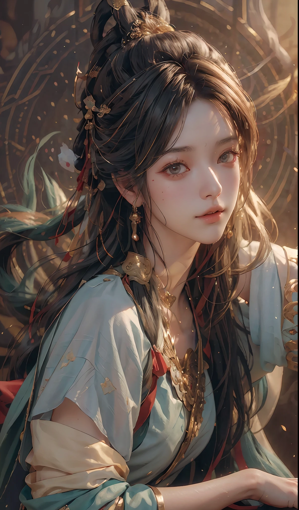 (RAW photo, best quality), (realistic, photo-realistic:1.3),best quality,highly detailed,masterpiece,ultra-detailed,illustration,1girl,upper_body,dynamic angle,world masterpiece theater,messy_long_hair,best quality,extremely detailed CG unity 8k wallpaper,ink,Amazing,cinematic lighting,lens_flare, dunhuang_style
