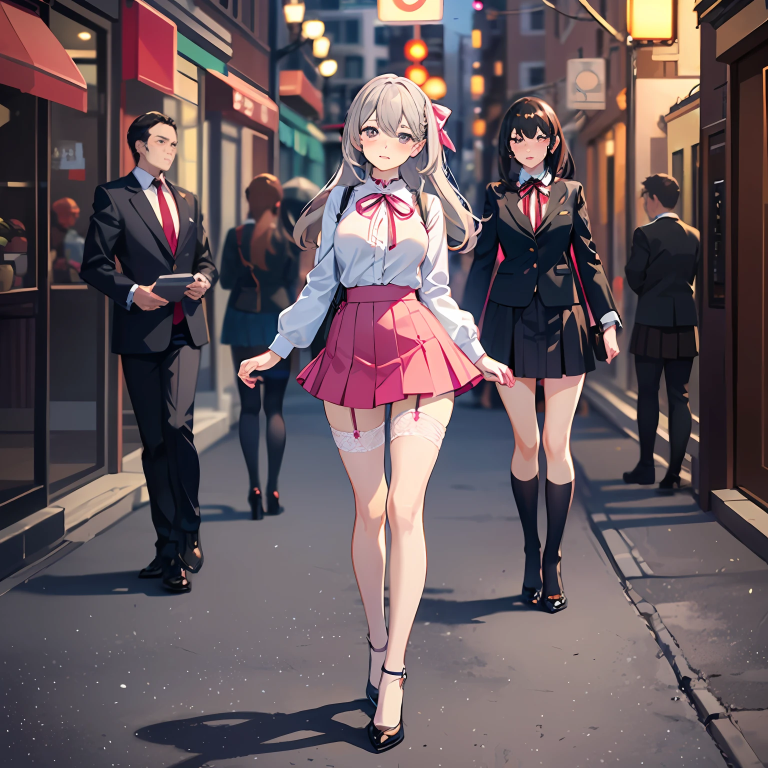 Mature and beautiful,Wealthy and noble family,flustered, full blush, looking at viewer,Ultra-detailed CG,Exquisite facial features,Clear facial expressions,Detailed Digital Anime Art,digital anime art,High quality anime art style, (masterpiece), best quality, perfect face, ((1girl)), mature woman, leaning forward, ((very long grey hair)), high ponytail, very huge breasts, hanging breasts, cleavage, narrow waist, ((mini school uniform, ribbon:1.2)), wearing glasses, ((ultra short skirt:1.5)), choker, very small shirt, transparent shirt, ((pink skirt:1.2)), ((The skirt was blown away)), ((mini tight skirt: 1.5)), ((full body:1.5)), high heels, garters, ((lace stockings:1.2)), ((long and slender legs)), beautiful legs,erotic,seductive pose, ((show underwear, show panty:1.2)),accidental exposure, expose breasts,((standing:1.2)), (open legs:1.2), ((low-angle shot))