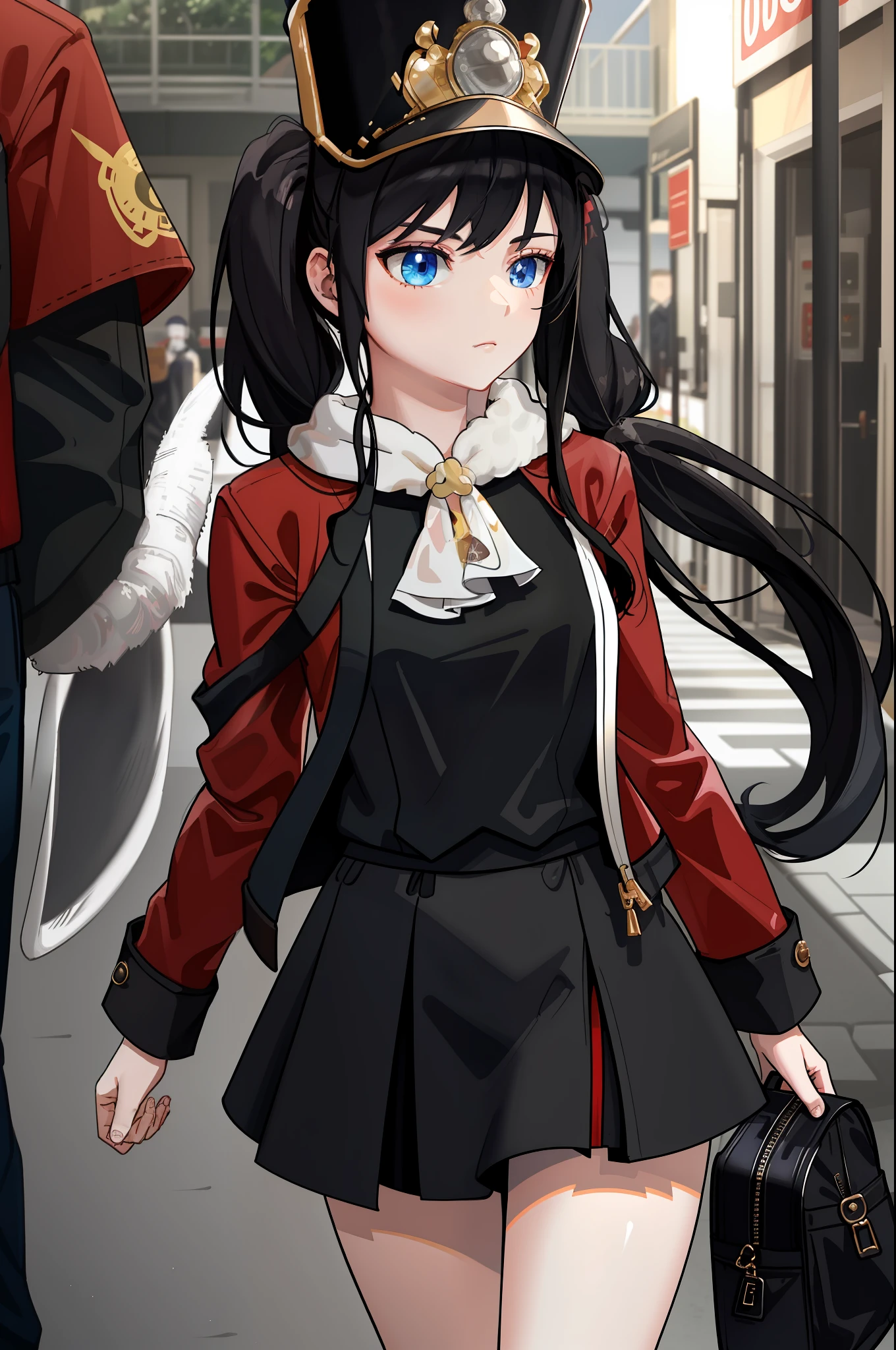 masterpiece, best quality, CG, wallpaper, HDR, high quality, high-definition, extremely detailed, pom pom, twintails, black hair, hat, red jacket, white shirt, mature female,