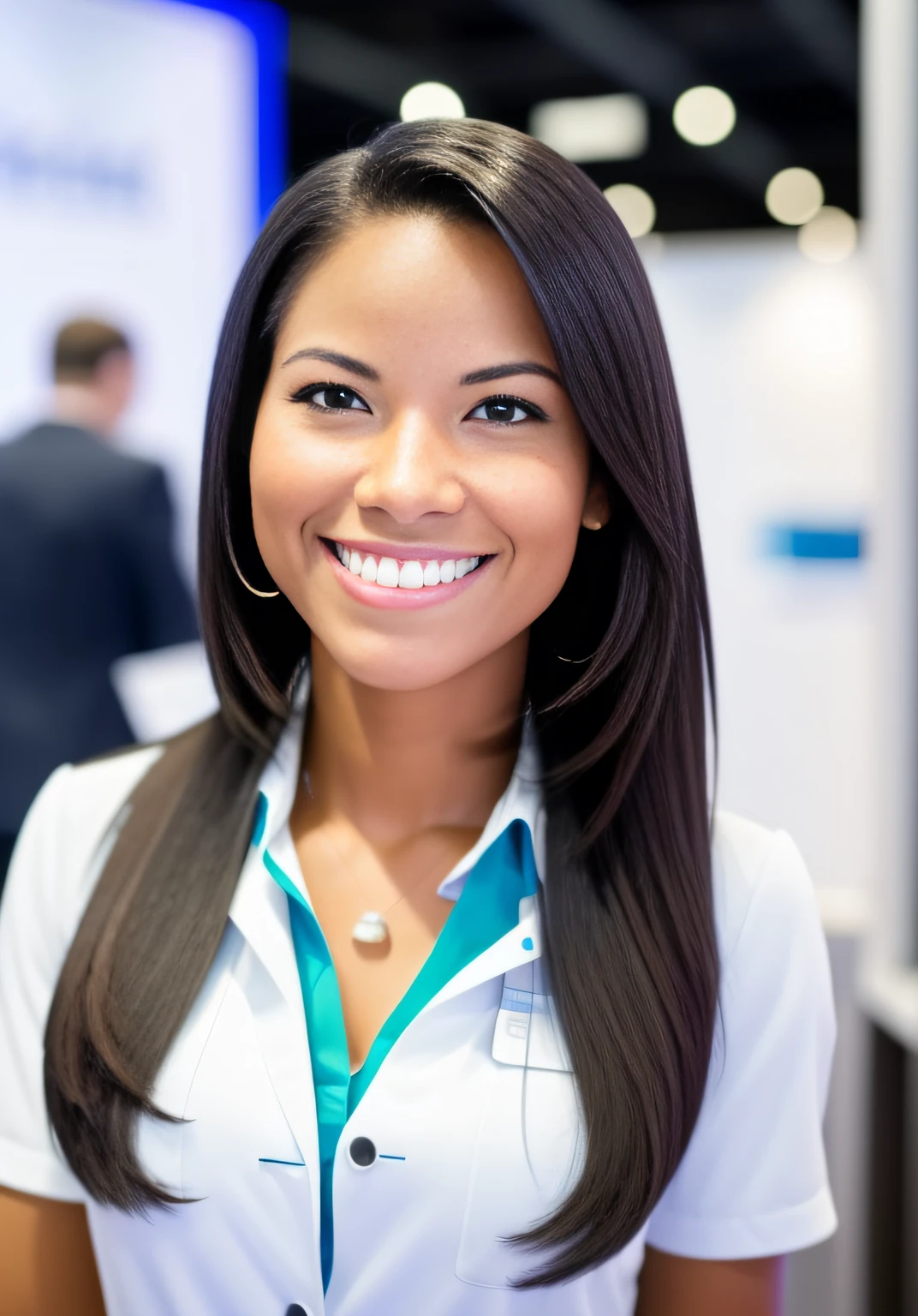 (A professional American woman) smiling confidently at the camera at a biotech tradeshow. --auto