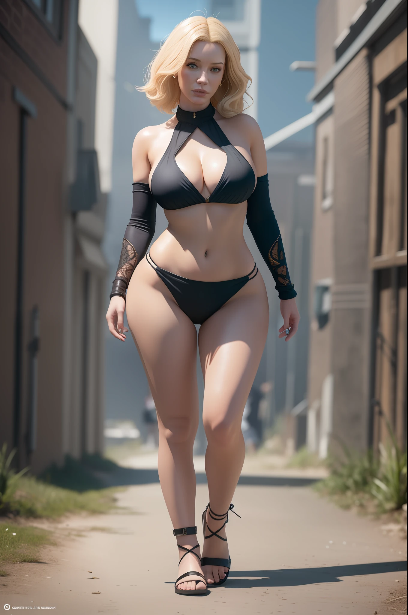 blonde christina hendricks walking, full body, bikini, kim kardashian, feet, intricate details, hyper detailed, ultrarealism, Sophie Anderson, jordan grimmer, greg rutkowski, 8 k, octane render, artgerm, artstation