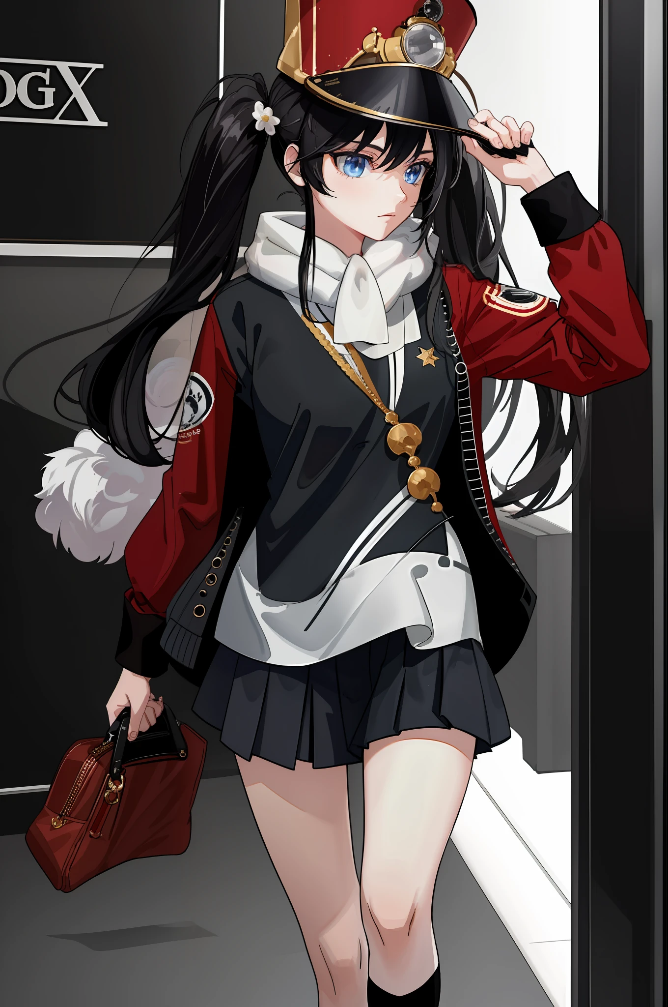 masterpiece, best quality, CG, wallpaper, HDR, high quality, high-definition, extremely detailed, pom pom, twintails, black hair, hat, red jacket, white shirt, mature female,