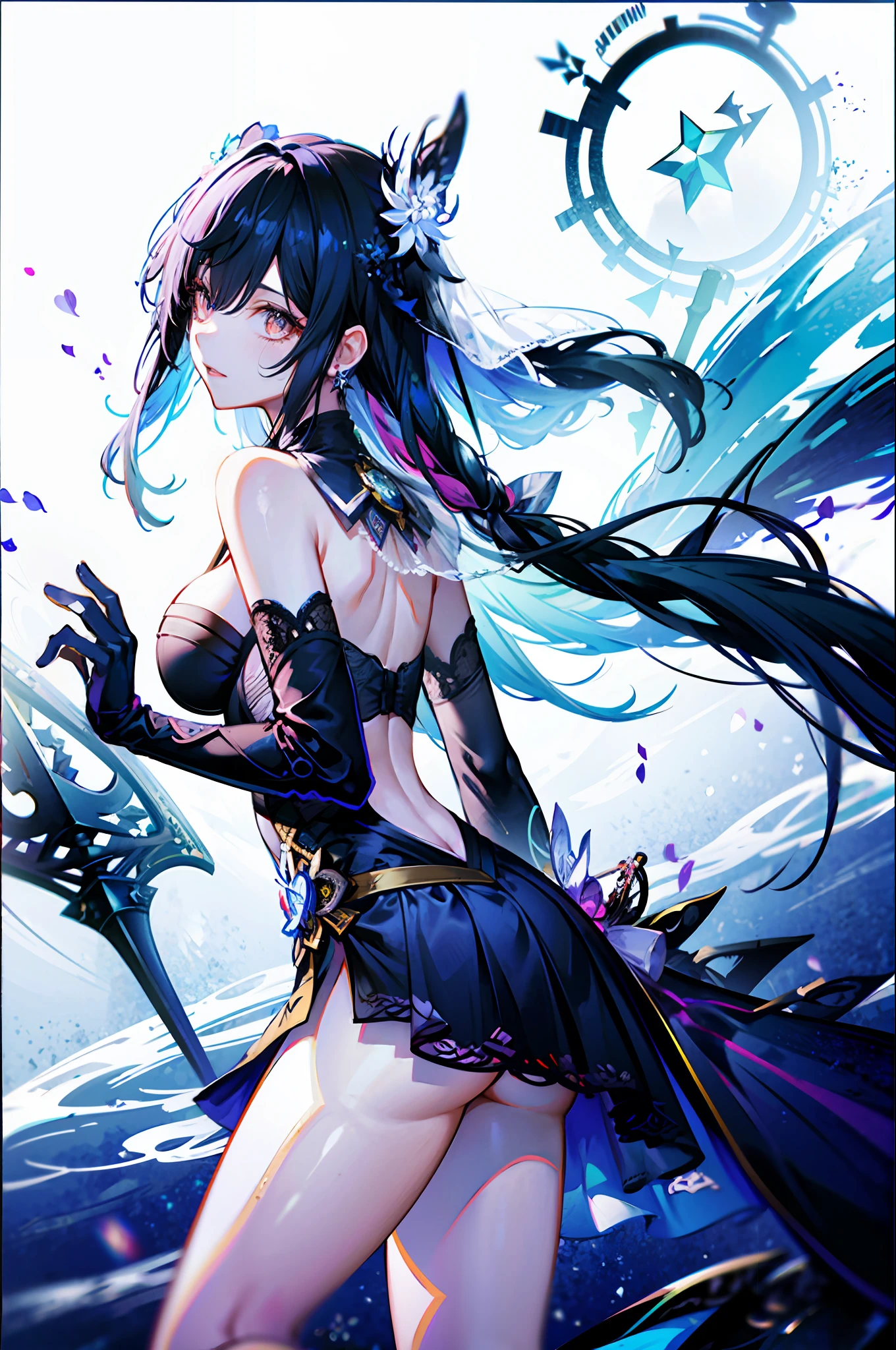 （best qualtiy，detailed back ground，Highest high resolution，8k wallpaper，full bloom，messy  hair，shinny hair，Exposure to light，Bright pupils），((Shen He（Genshin Impact）))，（Face the lens），（Expose breasts exposed），(Focus on the legs)，long whitr hair，glass ceilings，(cropped shoulders)，（Bandeau wedding dress），actionpose，Lace，deep v big breasts，Hair covers eyes，Tarot border，at centre，full bodyesbian
