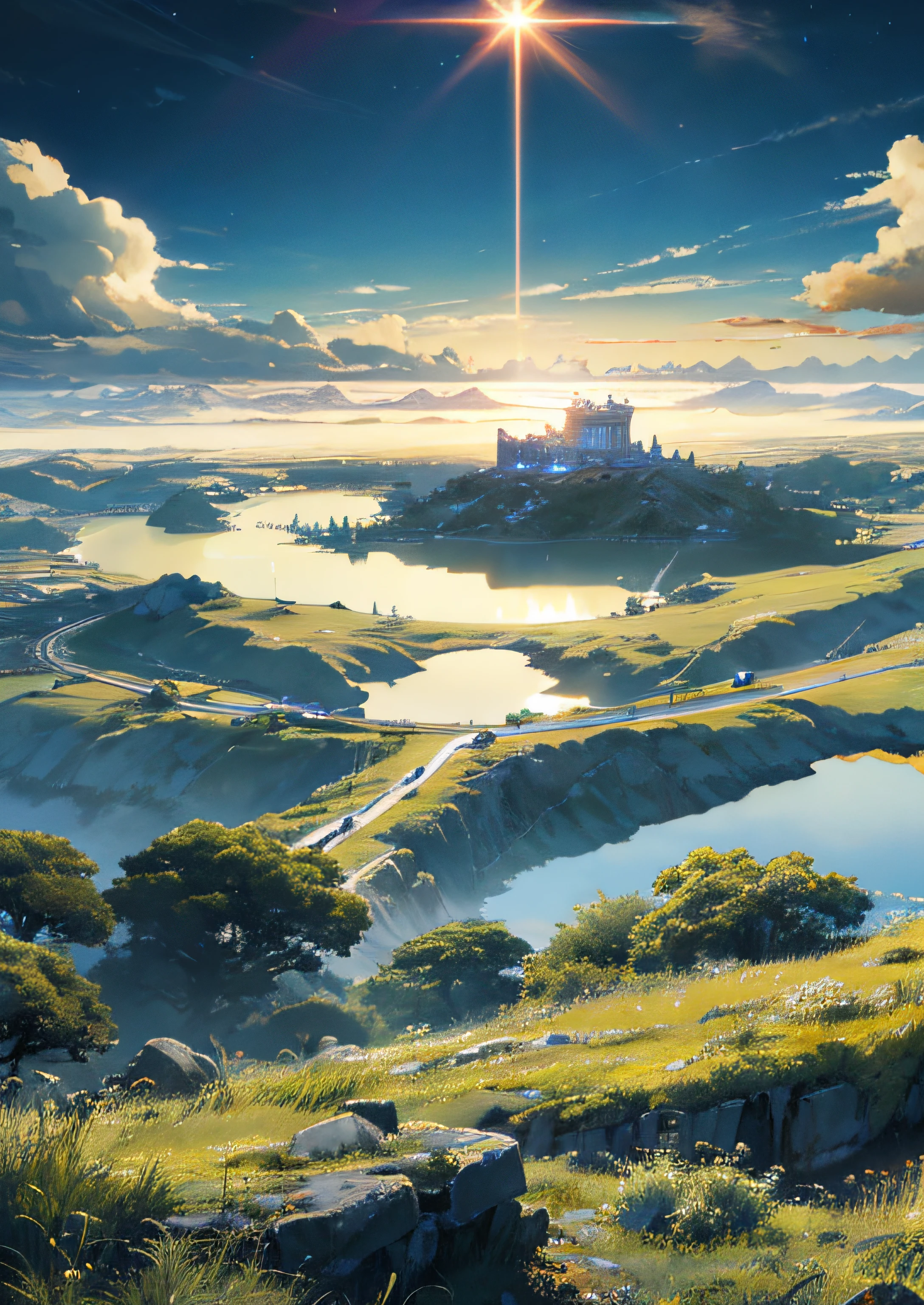 (((tmasterpiece))),best qualityer,ultra - detailed,the Extremely Detailed CG Unity 8K Wallpapers,breath-taking,Full of tension and drama,stunning visuals,Majestic sky and skyline,the vast grasslands,The North Star shining high,Colorful natural light,Top Chinese architectural ensemble,A large area of majestic buildings