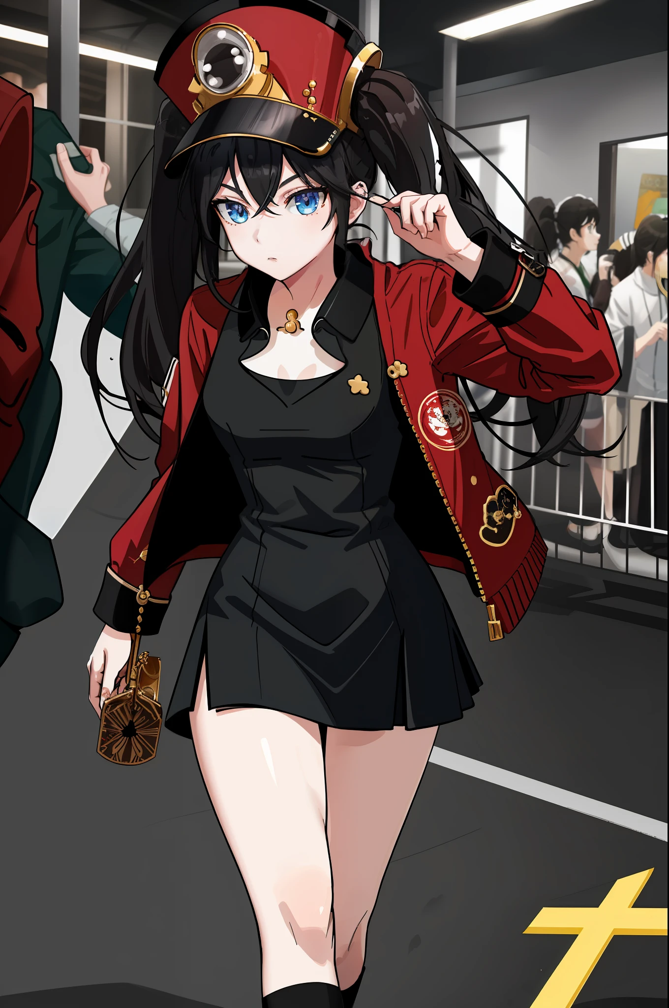 masterpiece, best quality, CG, wallpaper, HDR, high quality, high-definition, extremely detailed, pom pom, twintails, black hair, hat, red jacket, white shirt, mature female,