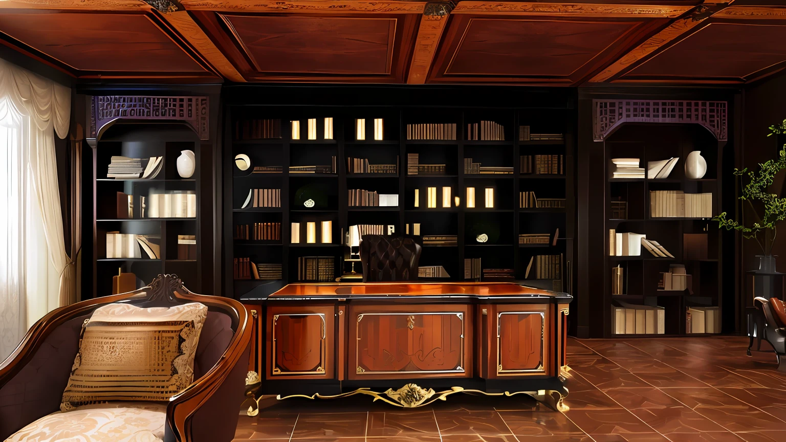 There was a room,Inside there is an American table and a chair, Baroque library, fancy library, Luxurious American furniture, big library, In a gorgeous office, Wooden table with books, elegant study, Castle Library, warmly lit posh study, elegant furniture, gorgeous furniture, Gorgeous design on the tabletop, finely detailed furniture, detailed wooden table, gothic epic library --auto