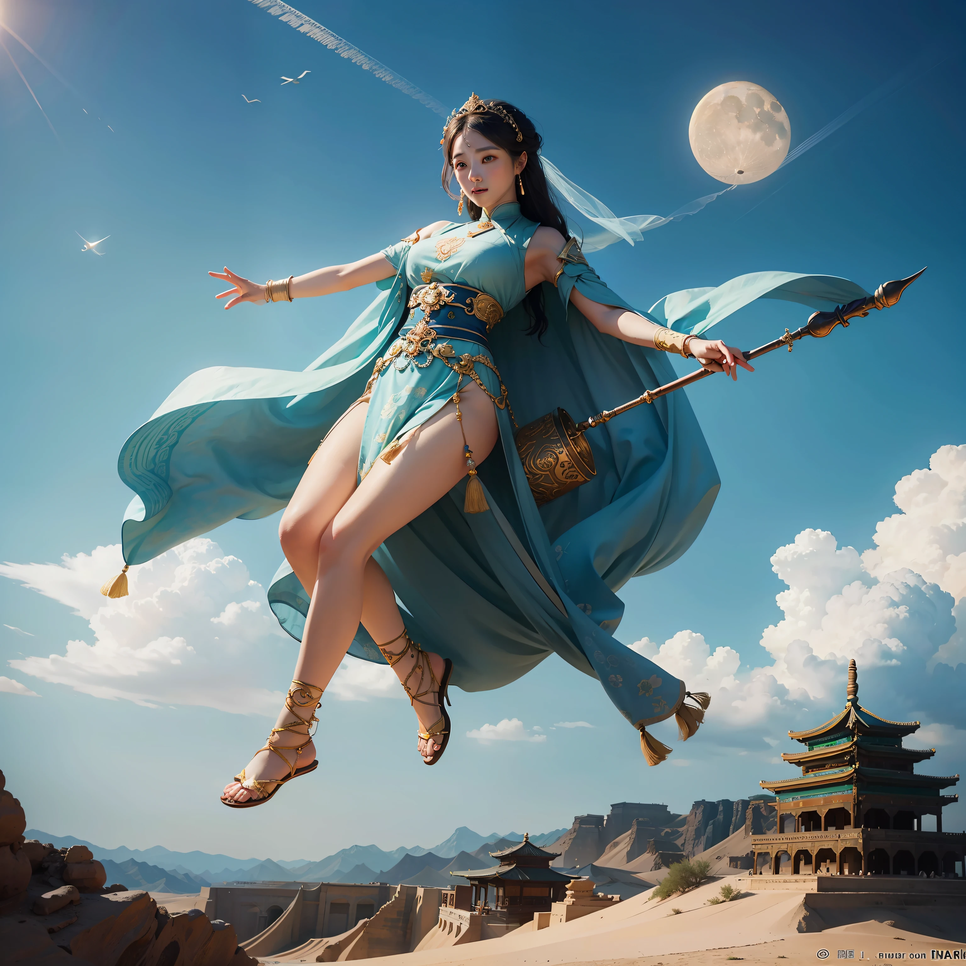 Classical beauty，Dunhuang Flying Sky，The moon makes the background，Bright colors，There is a sense of history，Full body size，Western Regions style，Real Human，The face is veiled，Homem-Imponente --auto