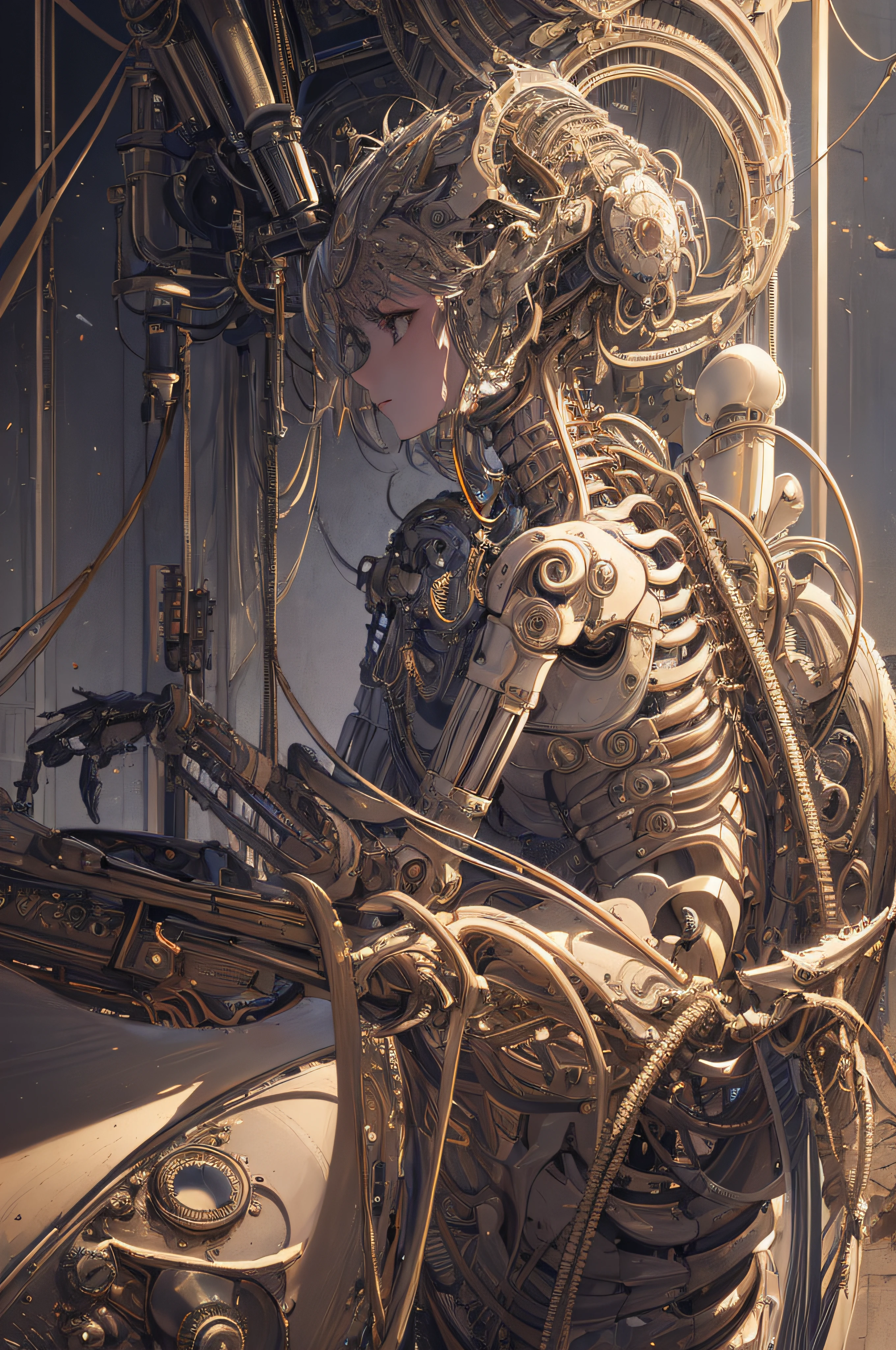 (((masterpiece))), (((best quality))), ((ultra-detailed)), (highly detailed CG illustration), ((an extremely delicate and beautiful)),(from side),cinematic light,((1mechanical girl)),solo,full body,(machine made joints:1.2),((machanical limbs)),(blood vessels connected to tubes),(mechanical vertebra attaching to back),((mechanical cervial attaching to neck)),(sitting),expressionless,(wires and cables attaching to neck:1.2),(wires and cables on head:1.2)(character focus),science fiction,extreme detailed,colorful,highest detailed