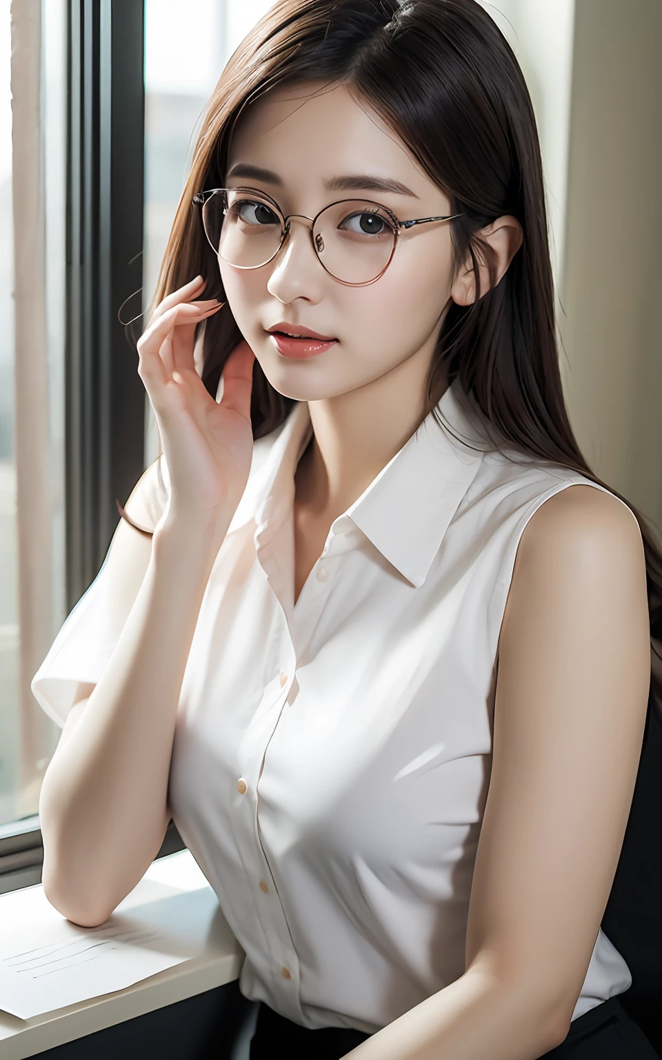 the Extremely Detailed CG Unity 8K Wallpapers, Best Quality, Ultra-detailed, masutepiece, Realistic, photographrealistic, extremely detailed cute girl, 25-years old, (Secretary),, (Glasses), blush, Parted lips, ,blouse , Half body shot , Office , (showing panties)