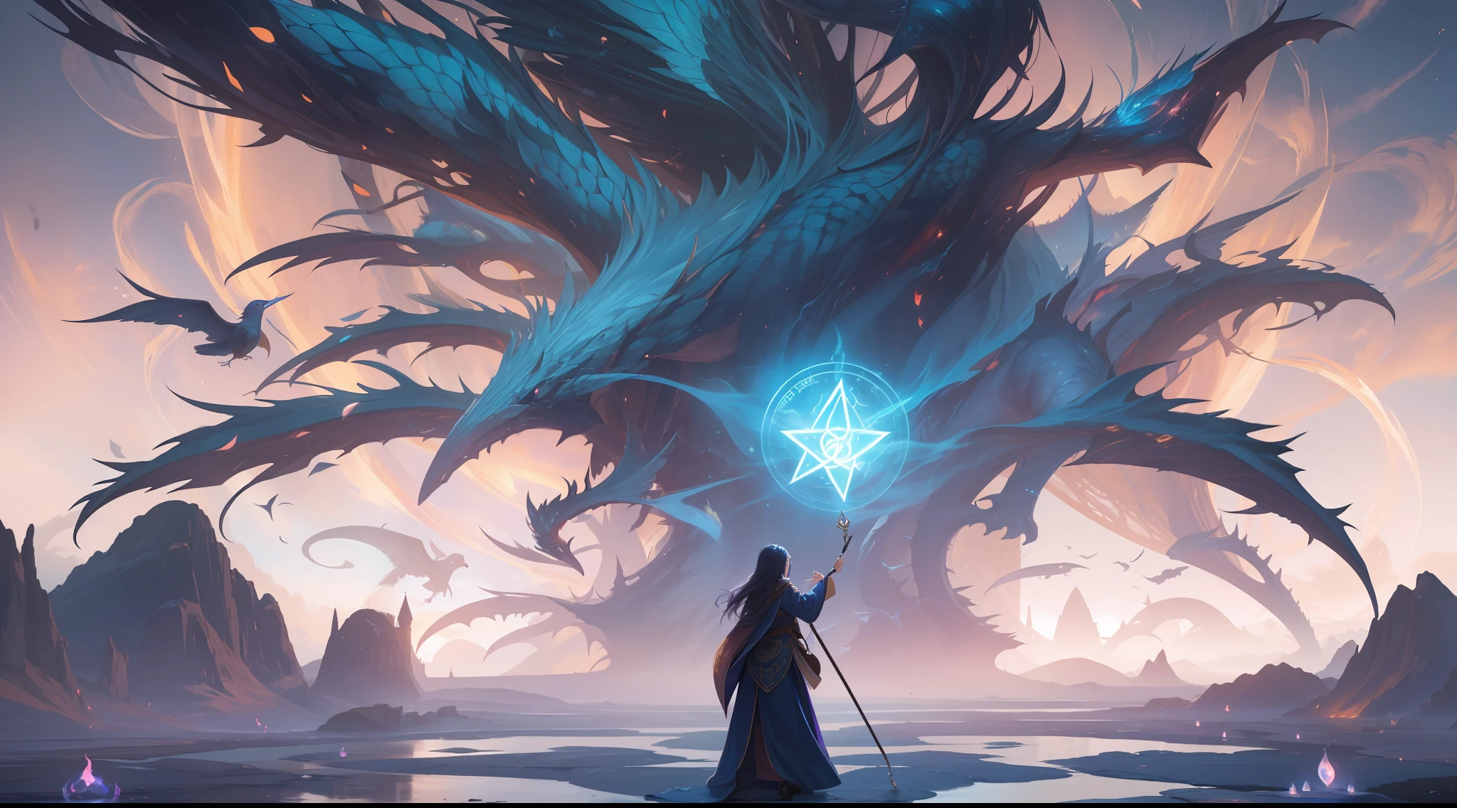 Magic Book,Blood,Night, Dark, (Fantasy),infinite,deep blue sky,The abyss of knowledge,Cowledge,((masutepiece)), (((Best Quality))),((Beautiful fine eyes)),(Eye lashes)、beautiful Girl、The dragon、(女の子1人)、Golden hair、The long-haired、abyss eyes、glowy skin、oils、small tits、(Bird body、pluma)、Wizard robes、tattered cloth、Teenchi、elvish、Super delicate CG Unity 32k wallpaper、masterpiece, ((ultra-detailliert)), ((illustratio)),colourfull,wall-paper,The energy,Unknown terror,Incomprehensible,Around the magic,Magical surroundings,magic wands,Boken,Flying pages,Know everything,Predict the future、Get to know the past、Infinite wisdom、blue flames、Warlock、magic circles、Pentagram、Spells、mantra、Singing magic